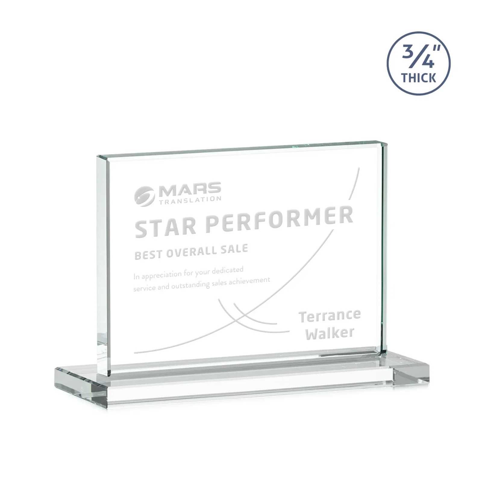 Personalized Jade Crystal Upright Award, 0.75 Inch Thick, Built For Deep Etching for corporate award ceremonies
