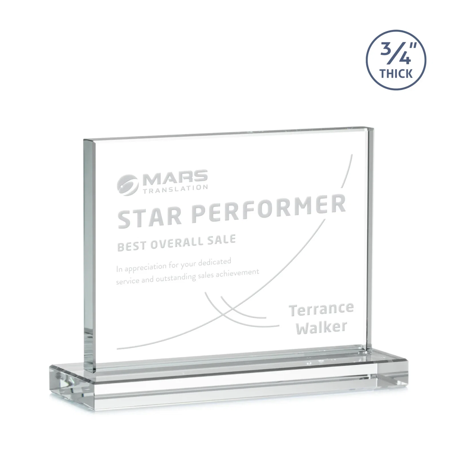 Personalized Jade Crystal Upright Award, 0.75 Inch Thick, Built For Deep Etching for service anniversary gifts