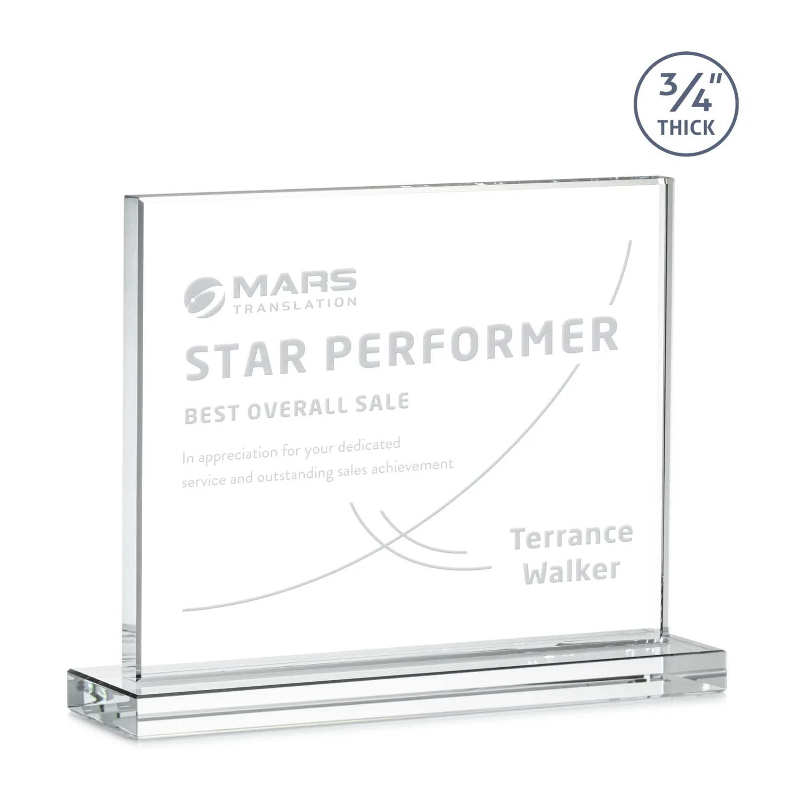 Personalized Jade Crystal Upright Award, 0.75 Inch Thick, Built For Deep Etching for retirement presentations