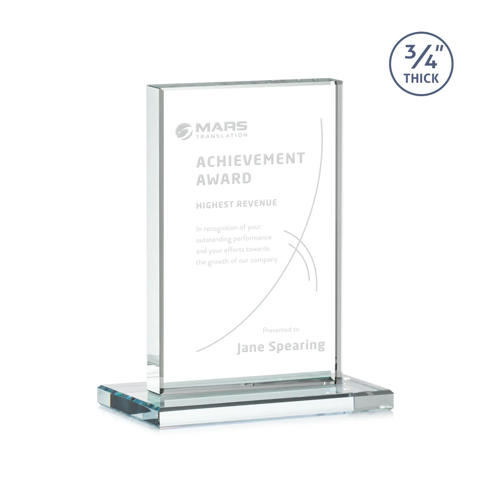 Personalized Jade Crystal Upright Award, 0.75 Inch Thick, Built For Deep Etching for team milestone celebrations