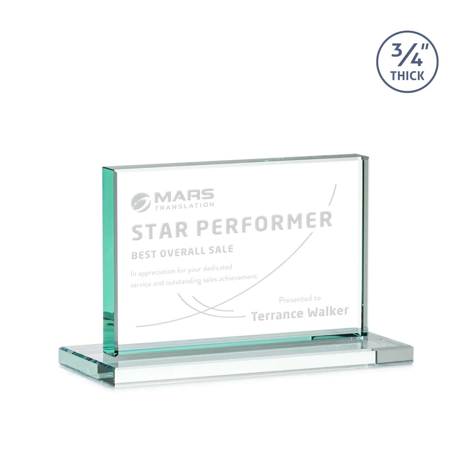 Custom Jade Crystal Upright Award, 0.75 Inch Thick, Built For Deep Etching for corporate award ceremonies