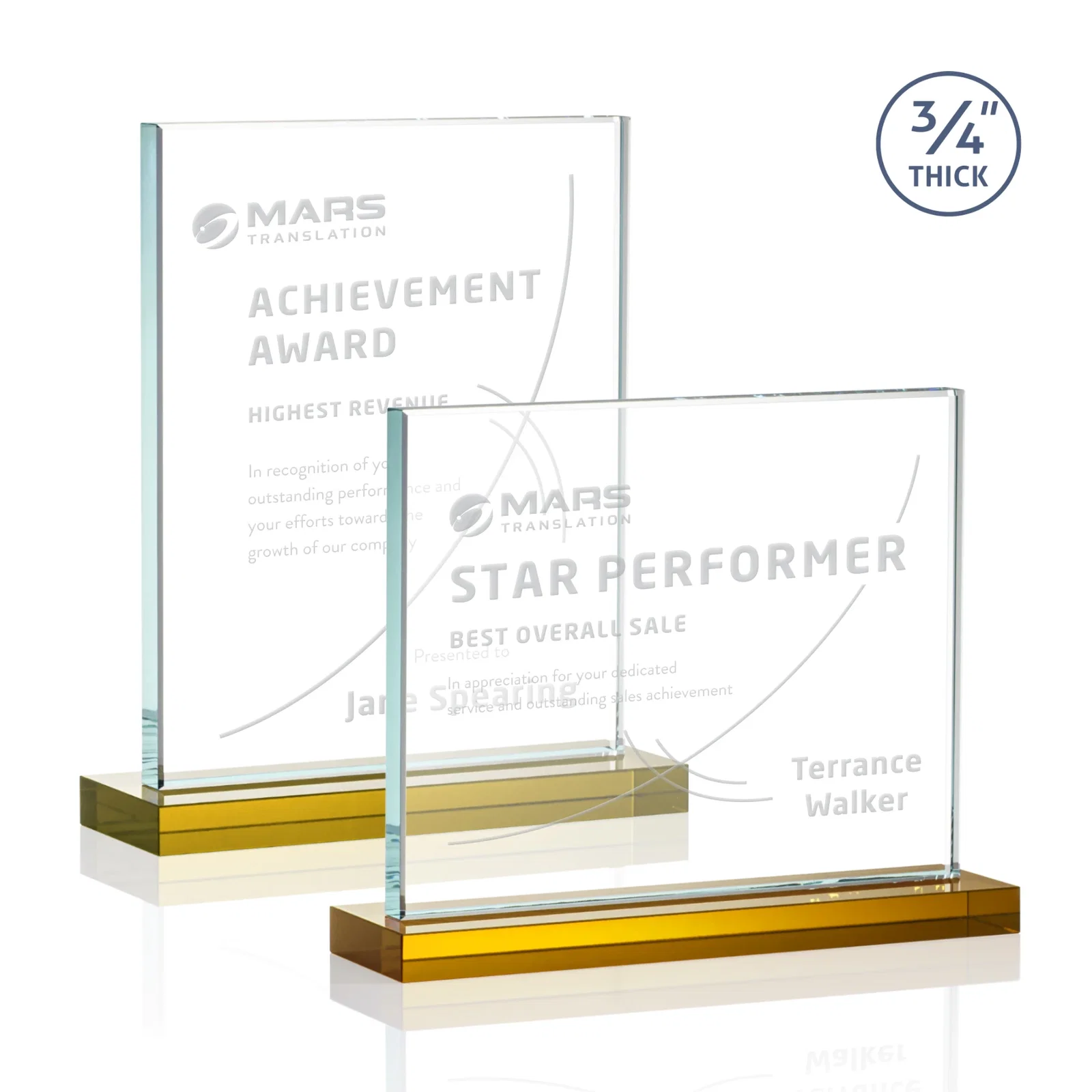 Personalized Jade Crystal Upright Award, 0.75 Inch Thick, Built For Deep Etching for dealer and partner awards