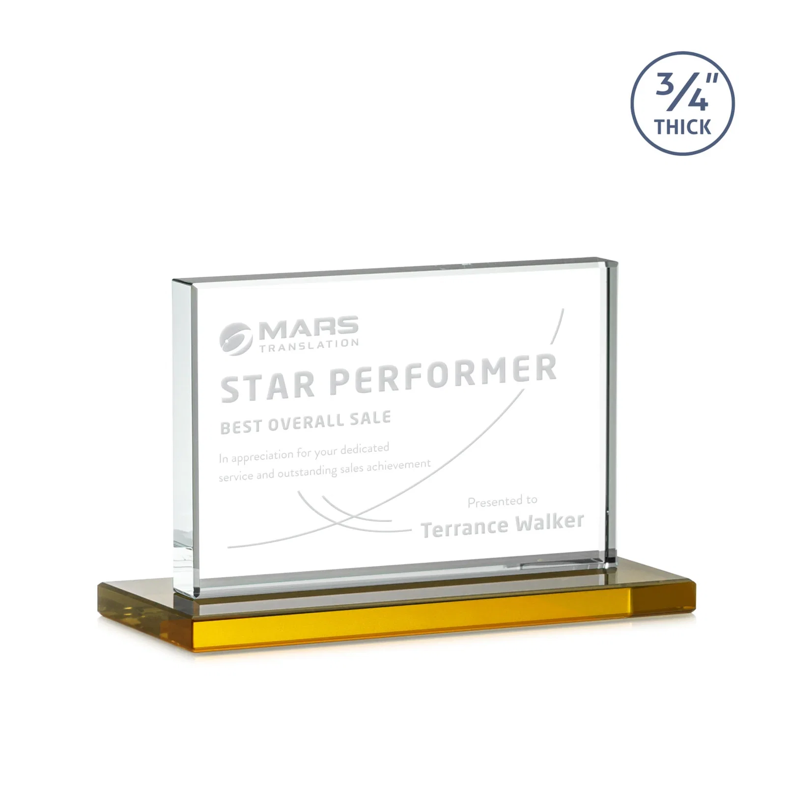 Personalized Jade Crystal Upright Award, 0.75 Inch Thick, Built For Deep Etching for company anniversary events