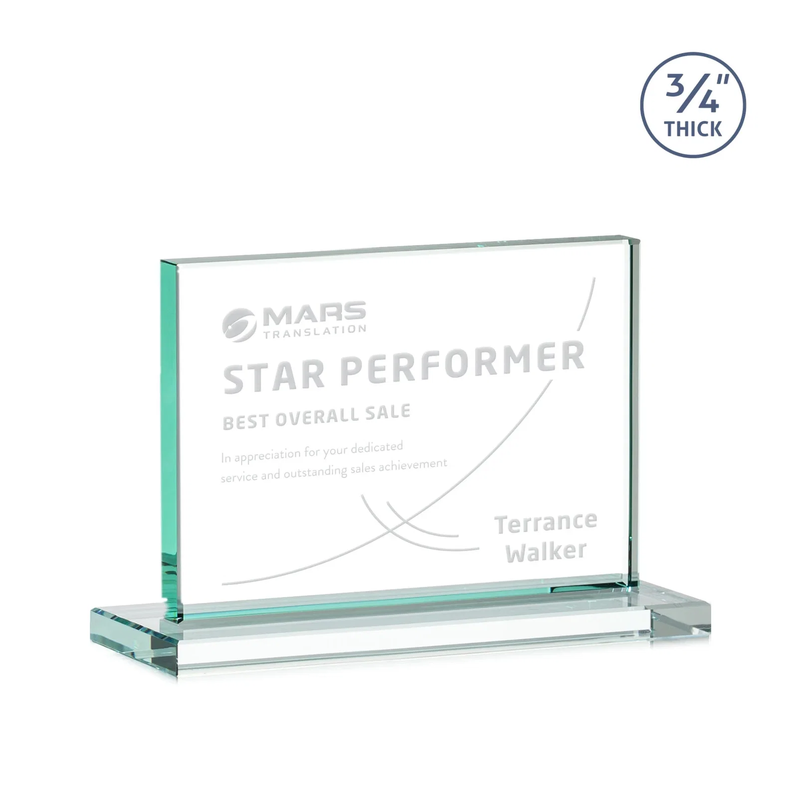 Custom Jade Crystal Upright Award, 0.75 Inch Thick, Built For Deep Etching for service anniversary gifts