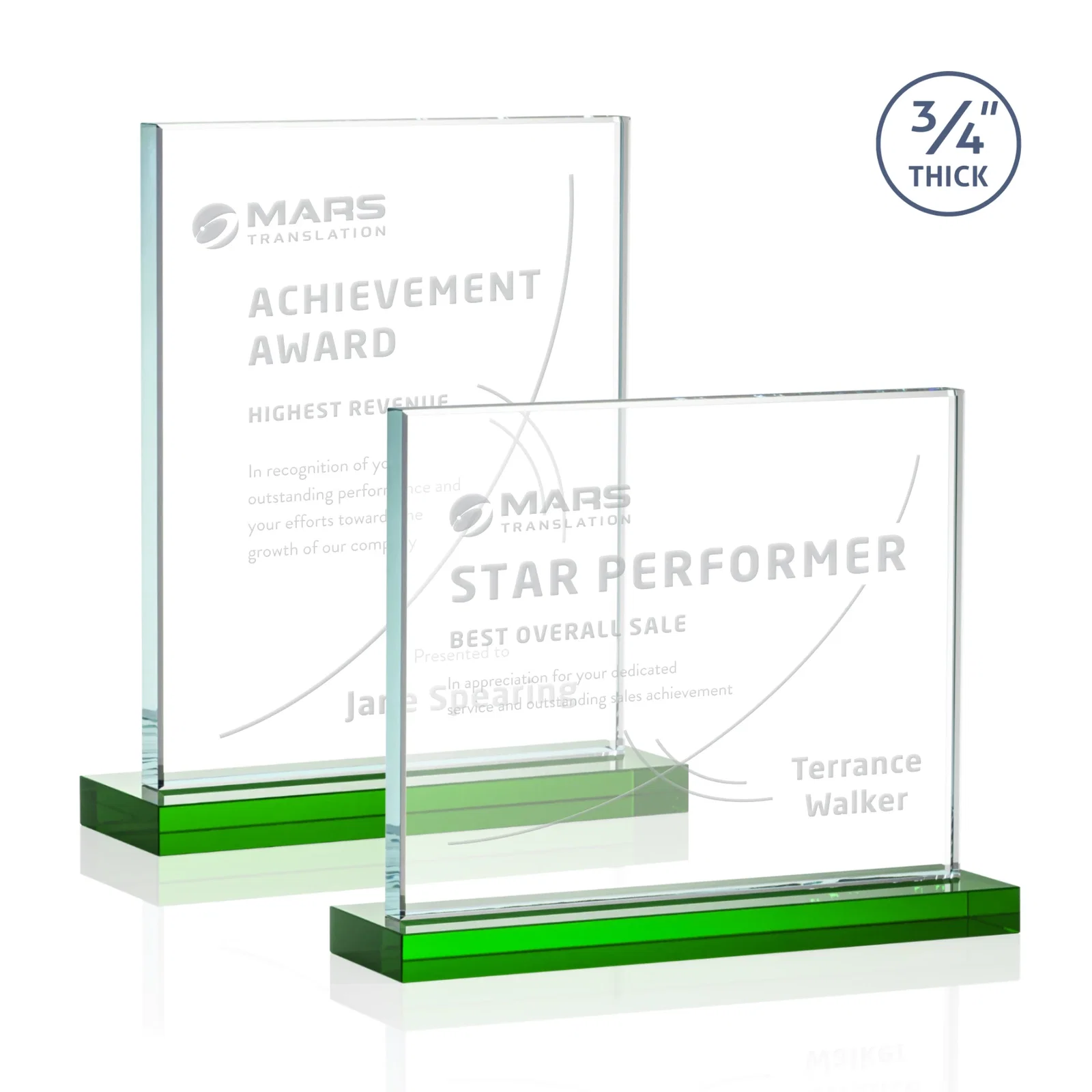 Promotional Jade Crystal Upright Award, 0.75 Inch Thick, Built For Deep Etching for volunteer appreciation