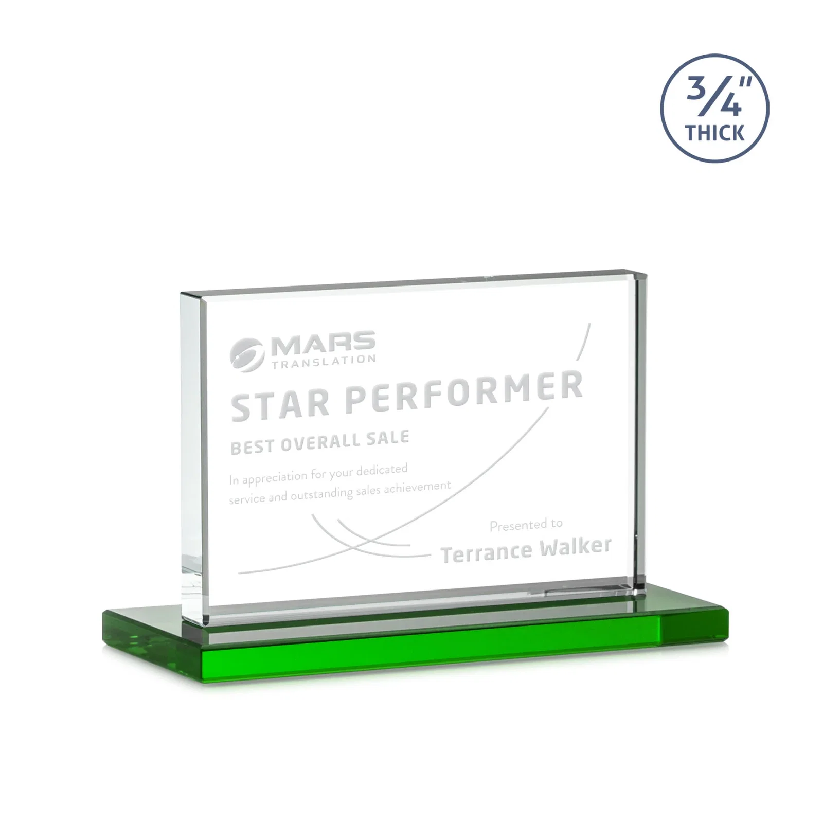 Promotional Jade Crystal Upright Award, 0.75 Inch Thick, Built For Deep Etching for dealer and partner awards