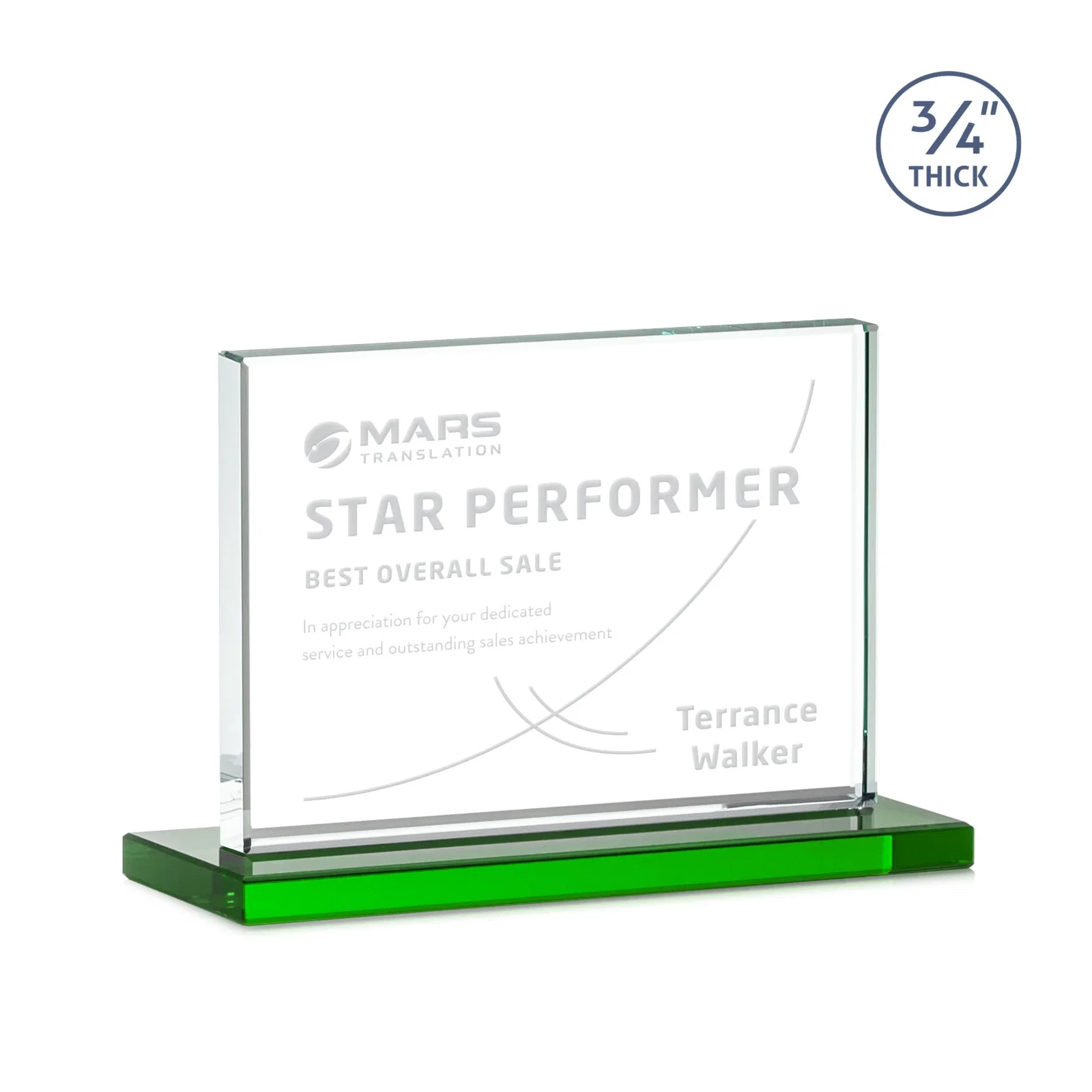 Promotional Jade Crystal Upright Award, 0.75 Inch Thick, Built For Deep Etching for company anniversary events