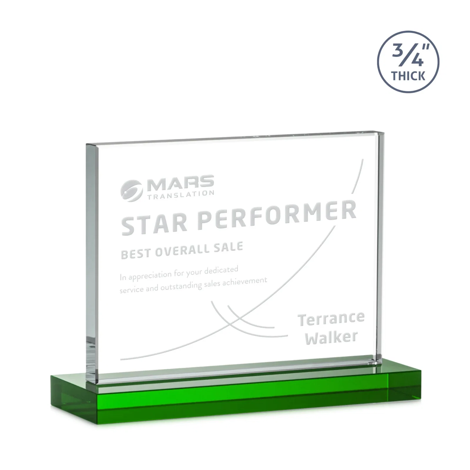 Branded Jade Crystal Upright Award, 0.75 Inch Thick, Built For Deep Etching for employee recognition