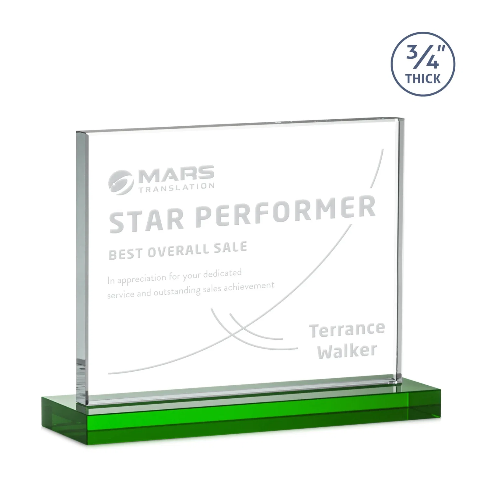 Branded Jade Crystal Upright Award, 0.75 Inch Thick, Built For Deep Etching for corporate award ceremonies