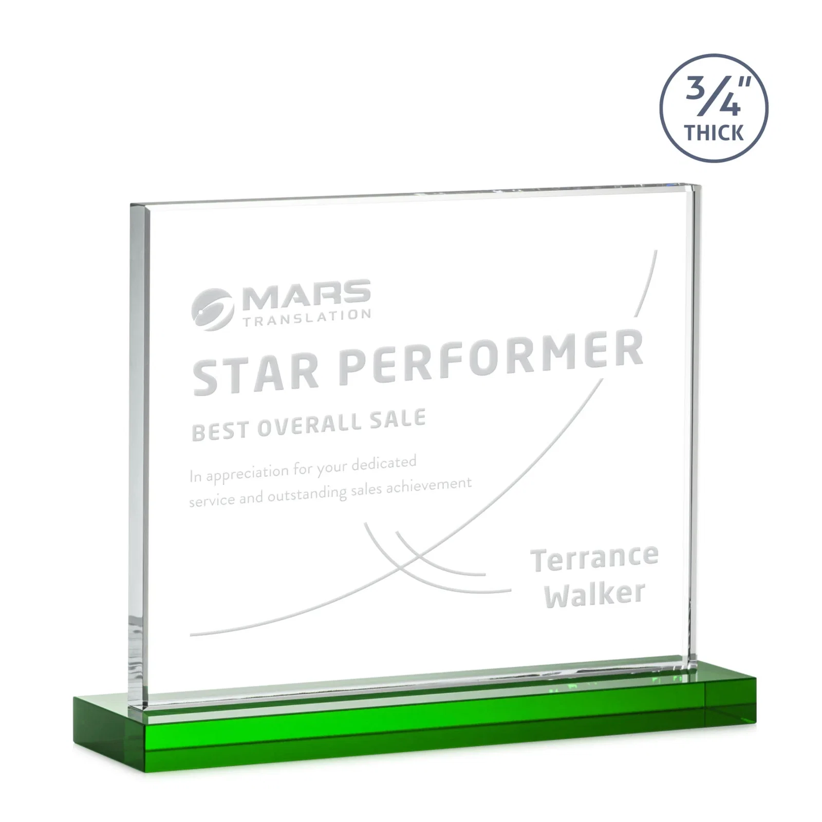 Branded Jade Crystal Upright Award, 0.75 Inch Thick, Built For Deep Etching for service anniversary gifts