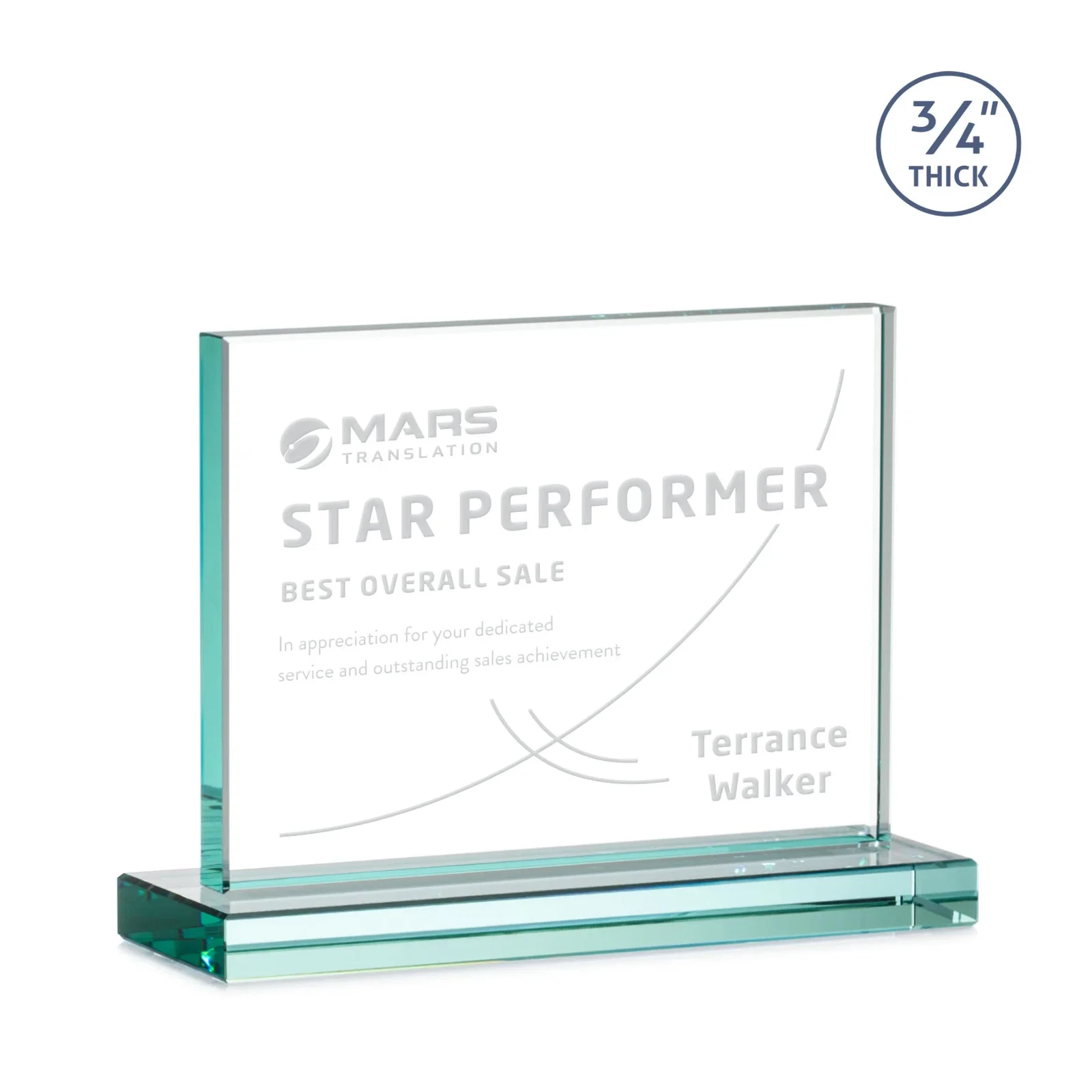 Custom Jade Crystal Upright Award, 0.75 Inch Thick, Built For Deep Etching for sales achievement awards