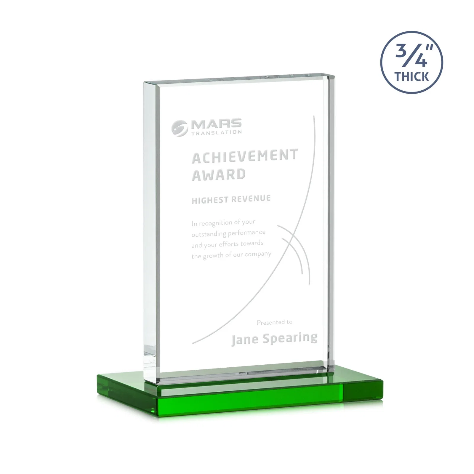 Branded Jade Crystal Upright Award, 0.75 Inch Thick, Built For Deep Etching for sales achievement awards