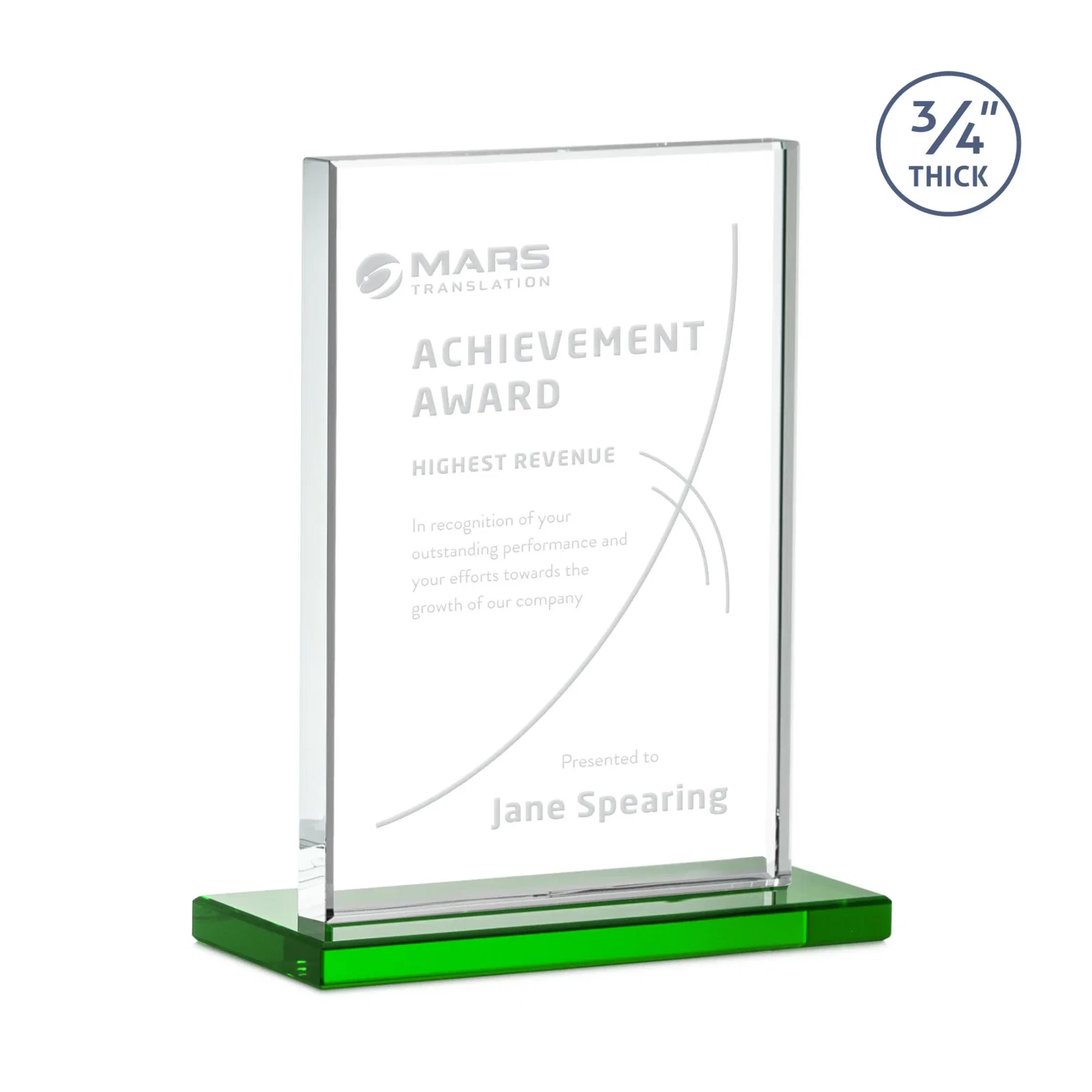 Branded Jade Crystal Upright Award, 0.75 Inch Thick, Built For Deep Etching for retirement presentations