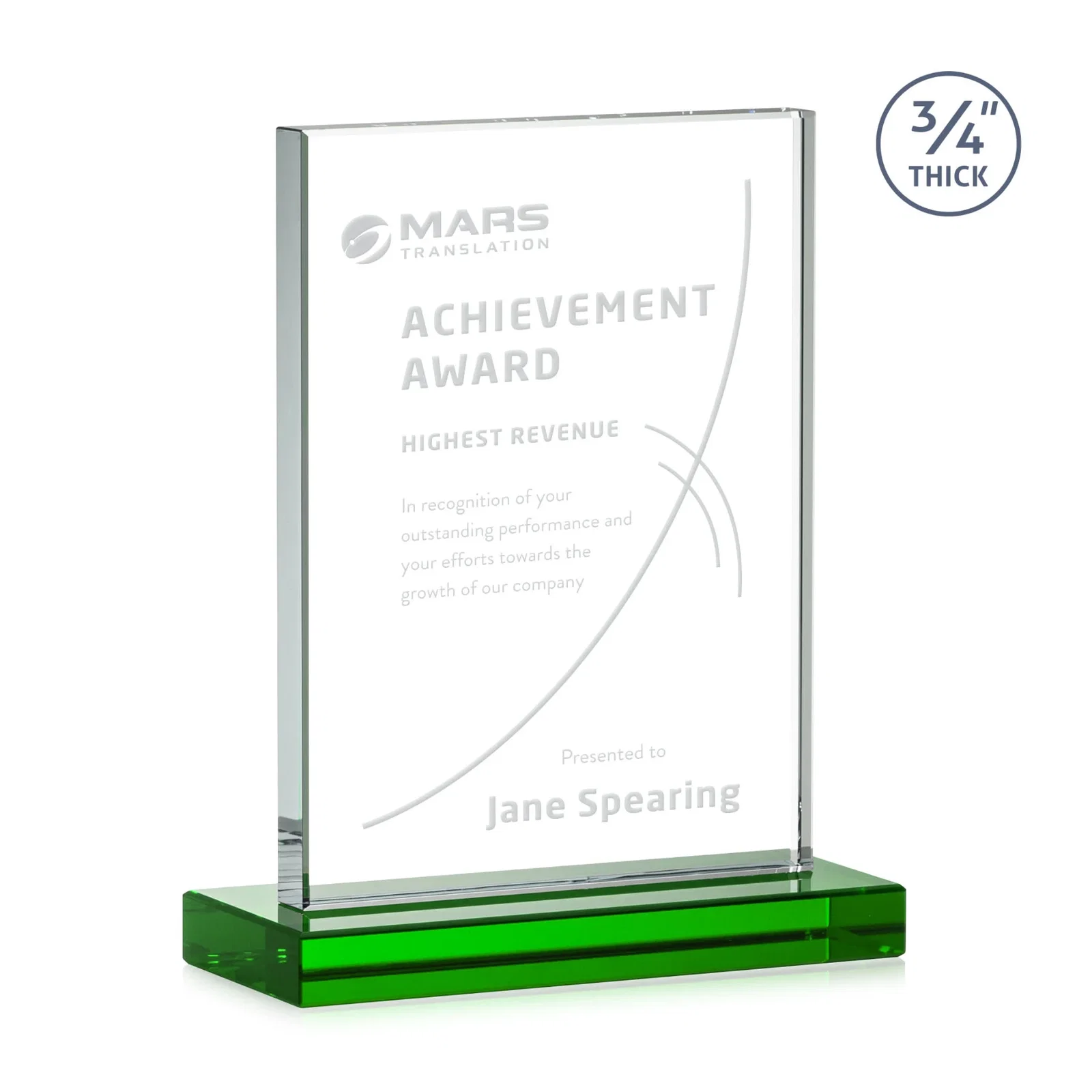 Branded Jade Crystal Upright Award, 0.75 Inch Thick, Built For Deep Etching for team milestone celebrations