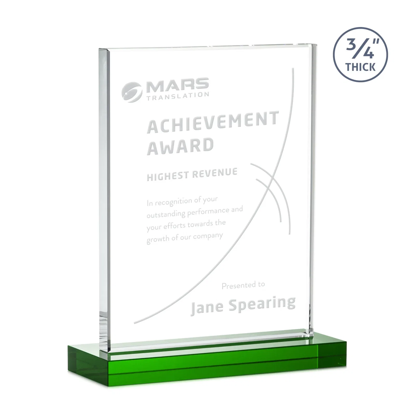 Branded Jade Crystal Upright Award, 0.75 Inch Thick, Built For Deep Etching for donor appreciation