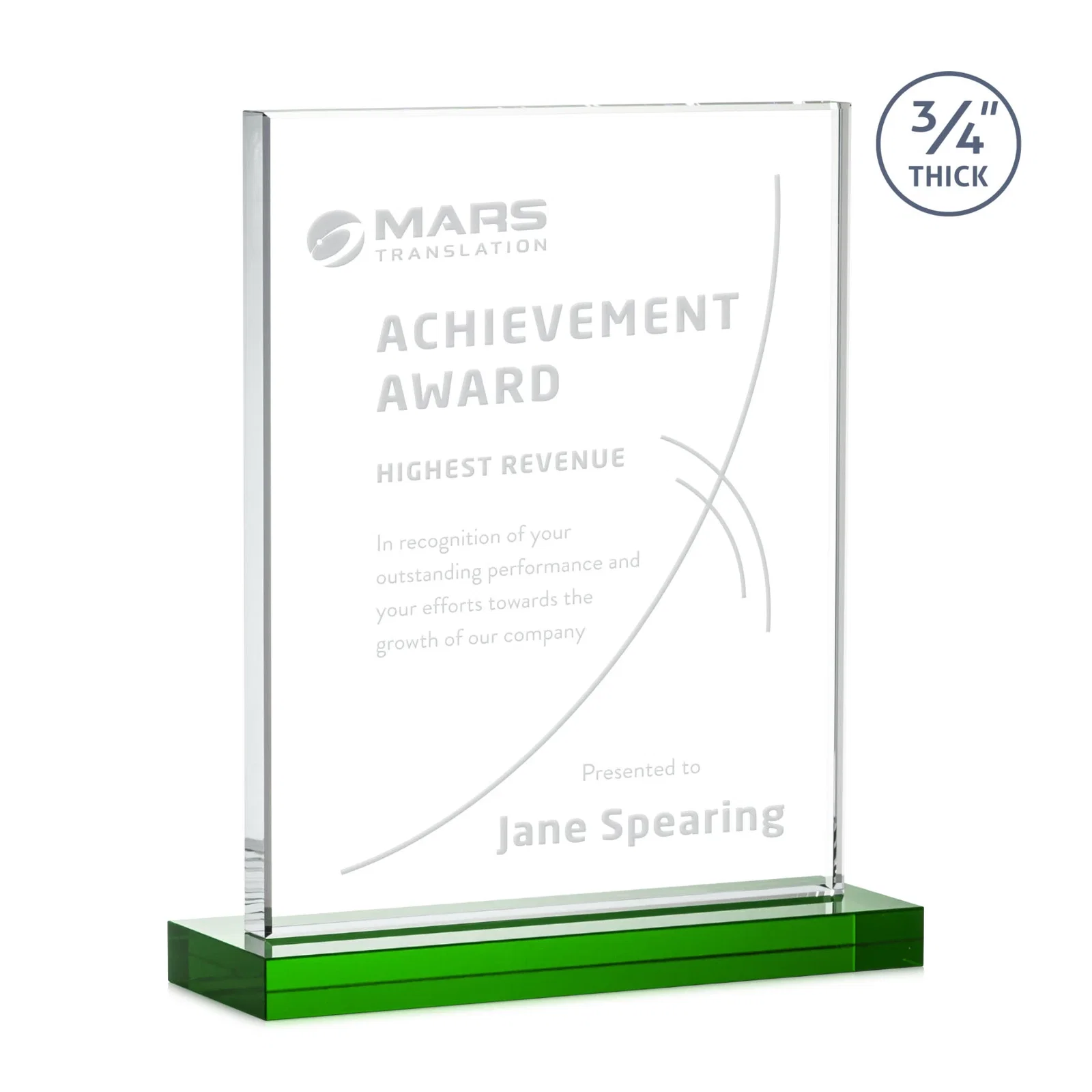 Branded Jade Crystal Upright Award, 0.75 Inch Thick, Built For Deep Etching for graduation ceremonies