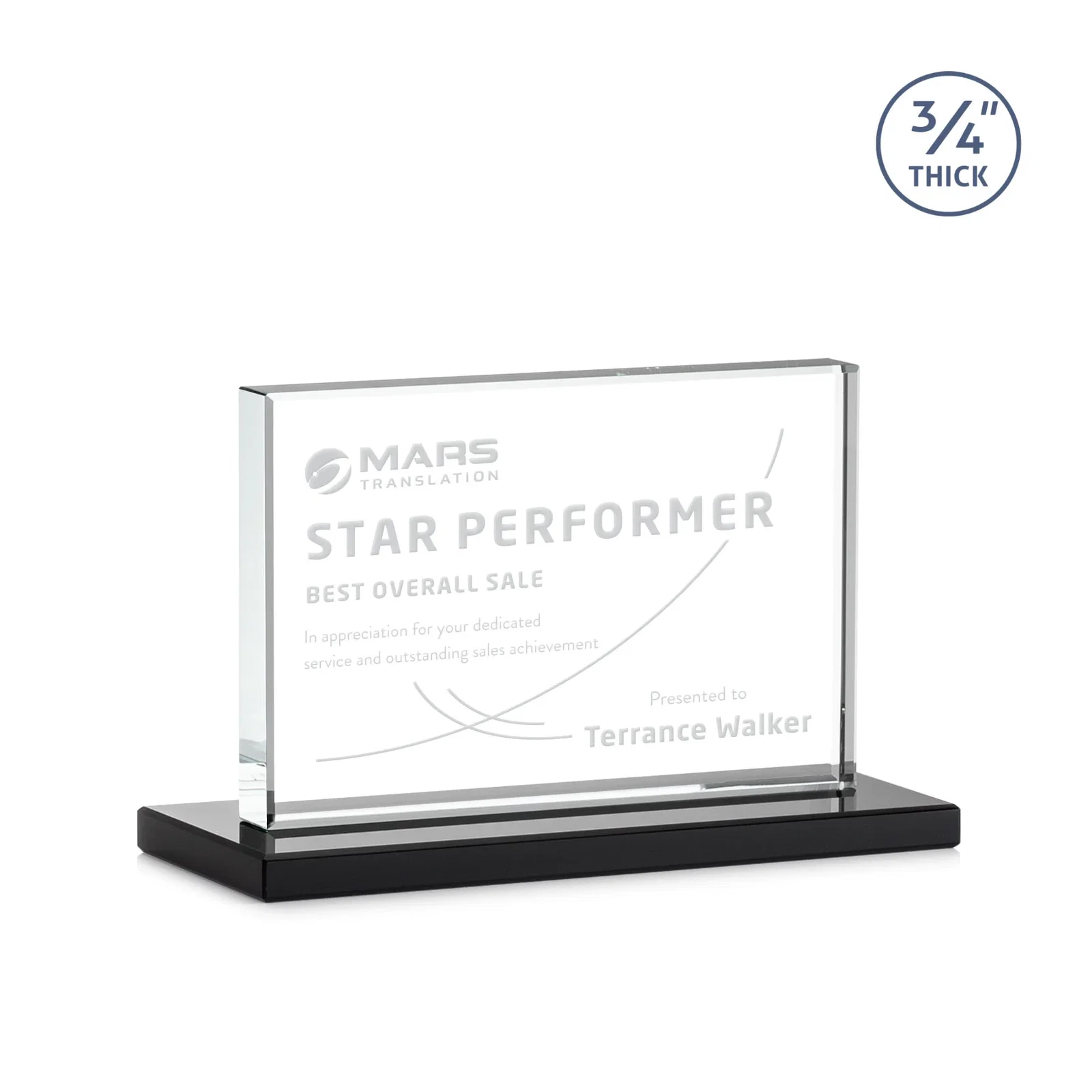 Branded Jade Crystal Upright Award, 0.75 Inch Thick, Built For Deep Etching for volunteer appreciation