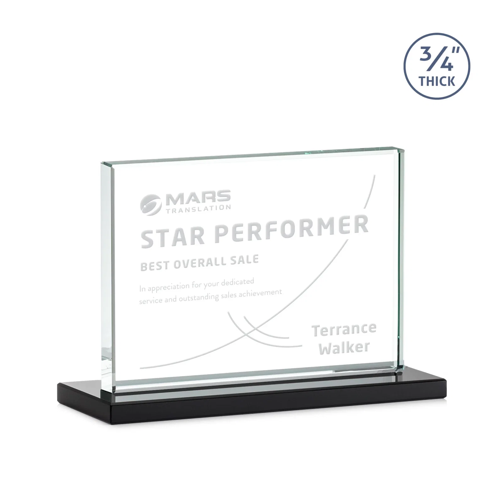 Branded Jade Crystal Upright Award, 0.75 Inch Thick, Built For Deep Etching for dealer and partner awards