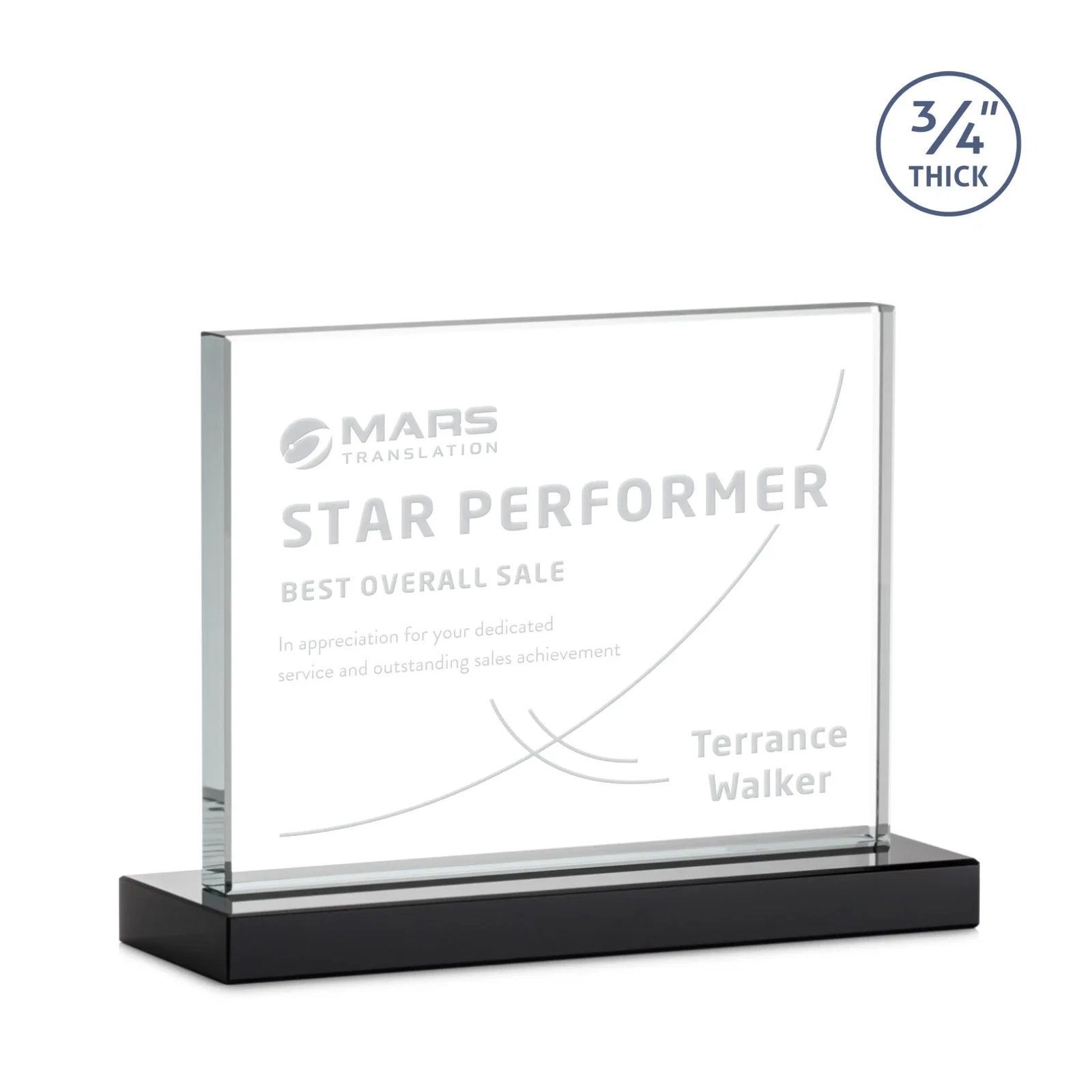 Branded Jade Crystal Upright Award, 0.75 Inch Thick, Built For Deep Etching for company anniversary events