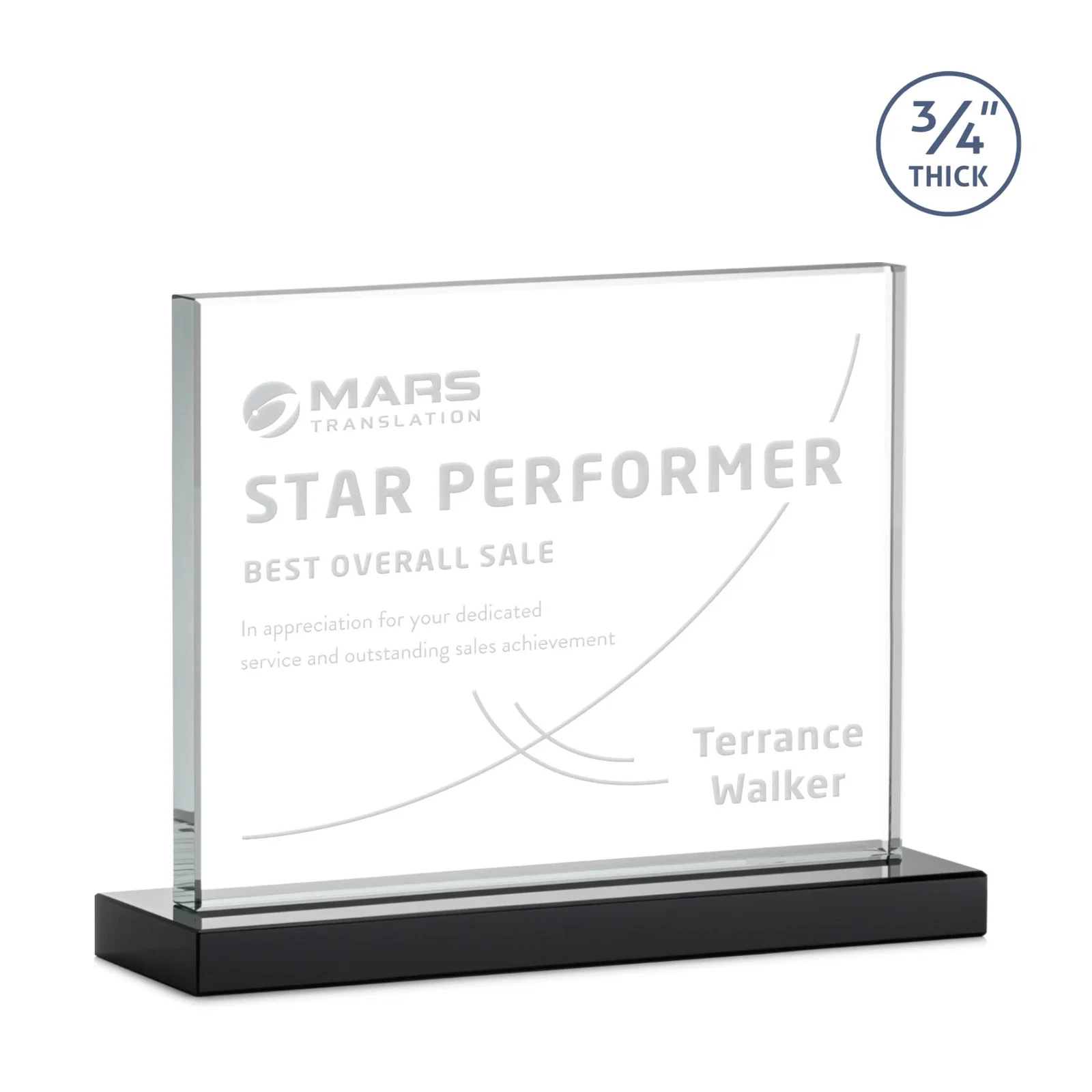 Custom printed Jade Crystal Upright Award, 0.75 Inch Thick, Built For Deep Etching for employee recognition