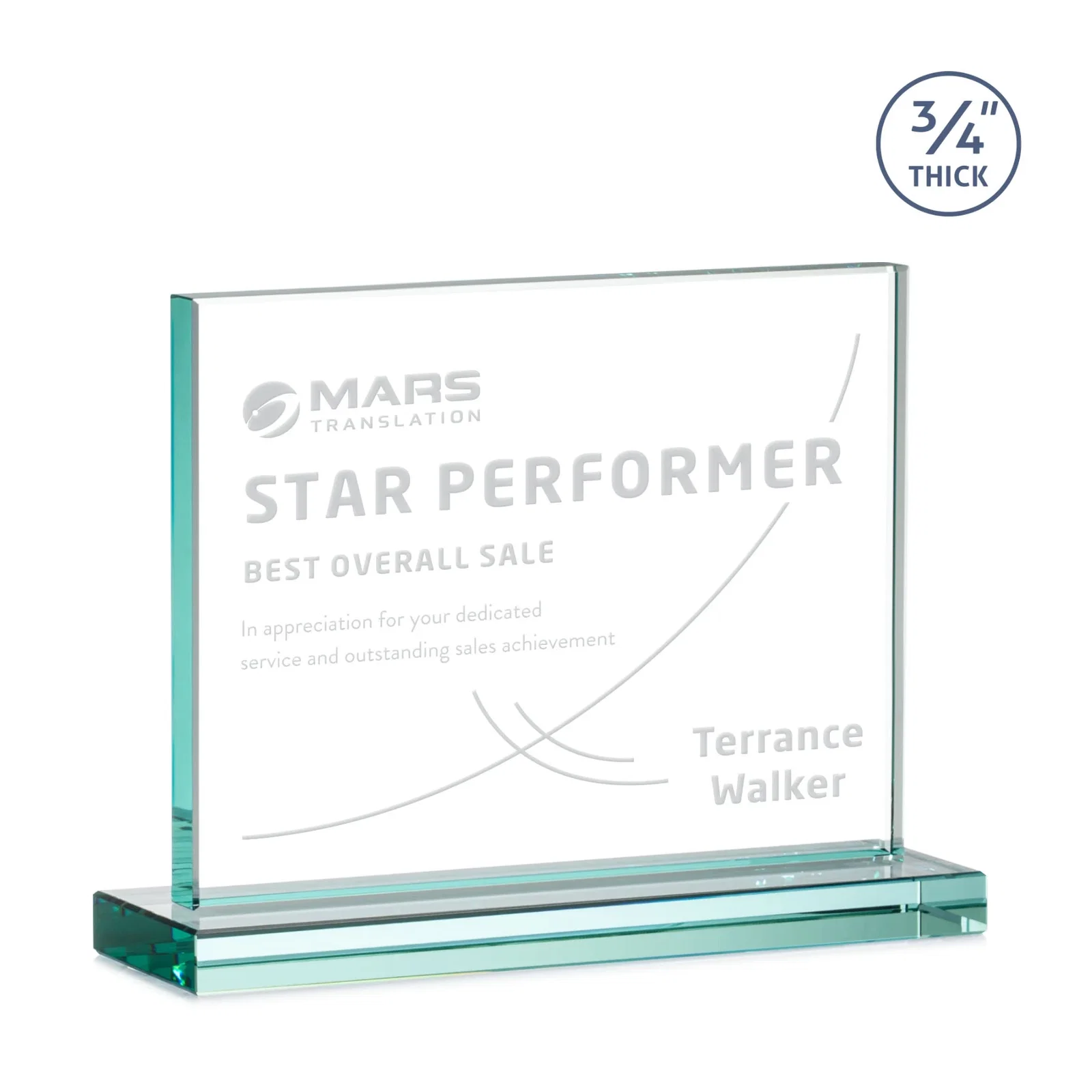Custom Jade Crystal Upright Award, 0.75 Inch Thick, Built For Deep Etching for retirement presentations