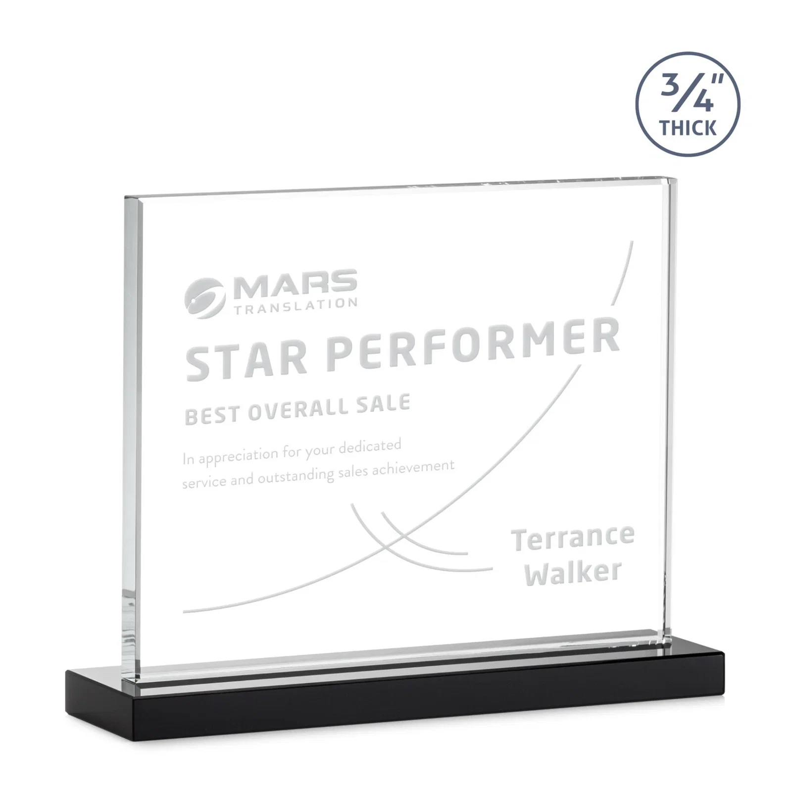 Custom printed Jade Crystal Upright Award, 0.75 Inch Thick, Built For Deep Etching for corporate award ceremonies