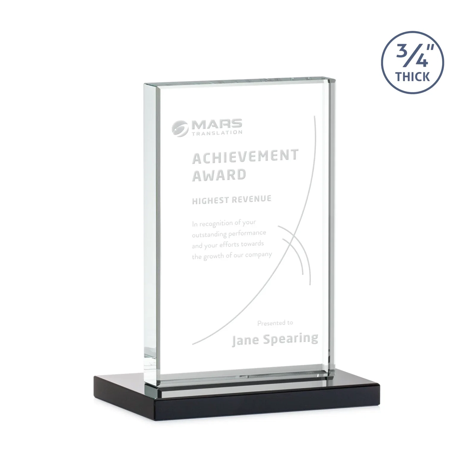 Custom printed Jade Crystal Upright Award, 0.75 Inch Thick, Built For Deep Etching for service anniversary gifts