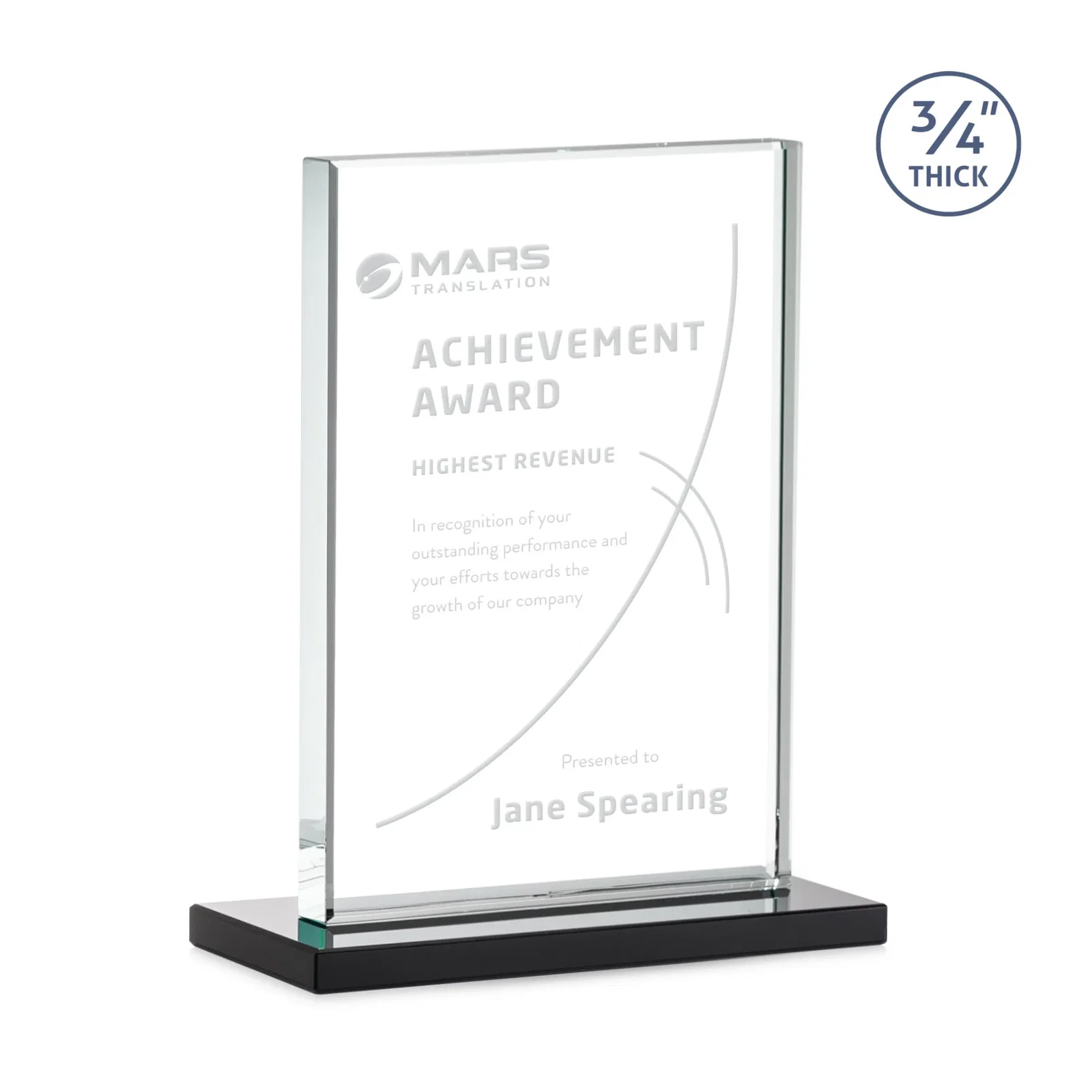 Custom printed Jade Crystal Upright Award, 0.75 Inch Thick, Built For Deep Etching for sales achievement awards