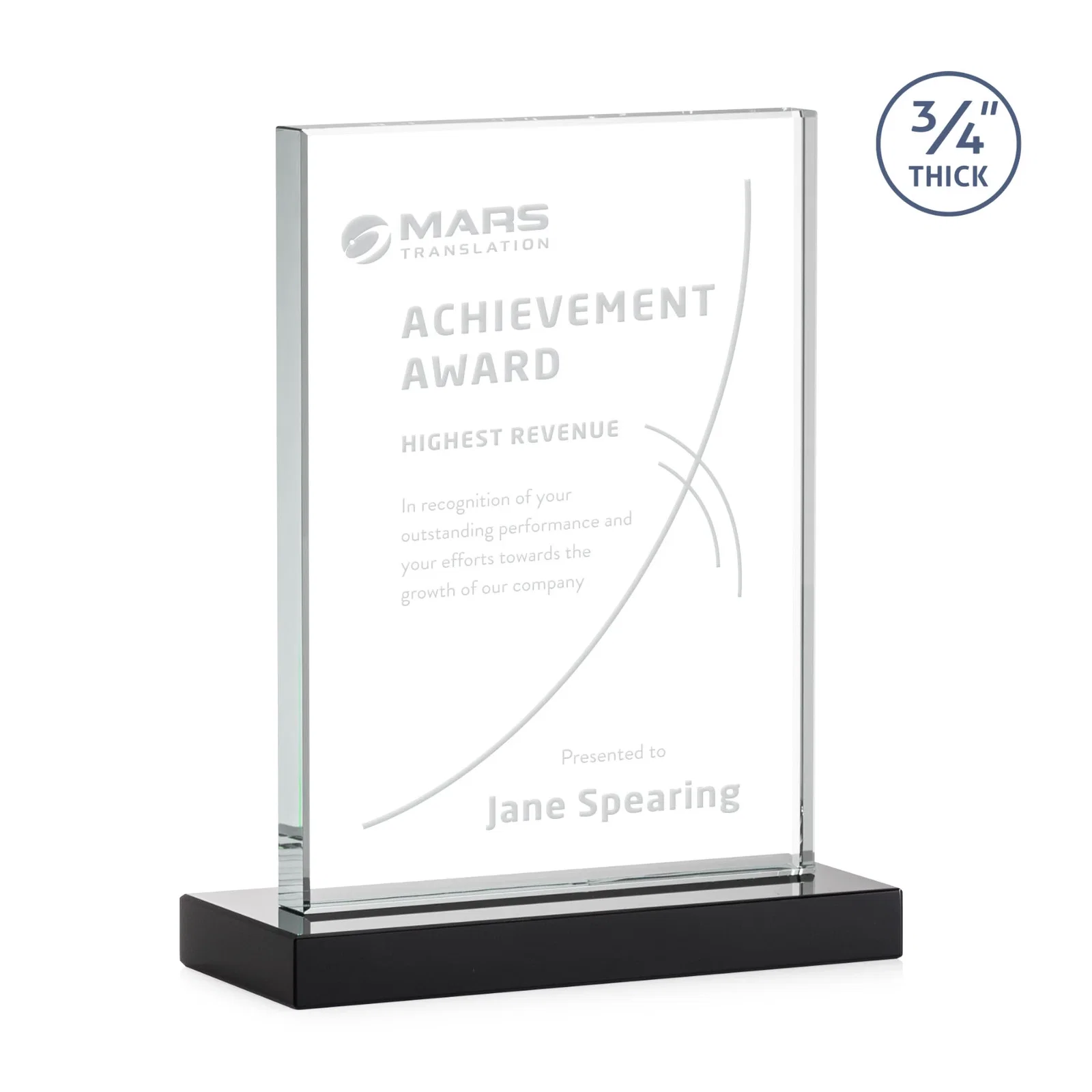 Custom printed Jade Crystal Upright Award, 0.75 Inch Thick, Built For Deep Etching for retirement presentations