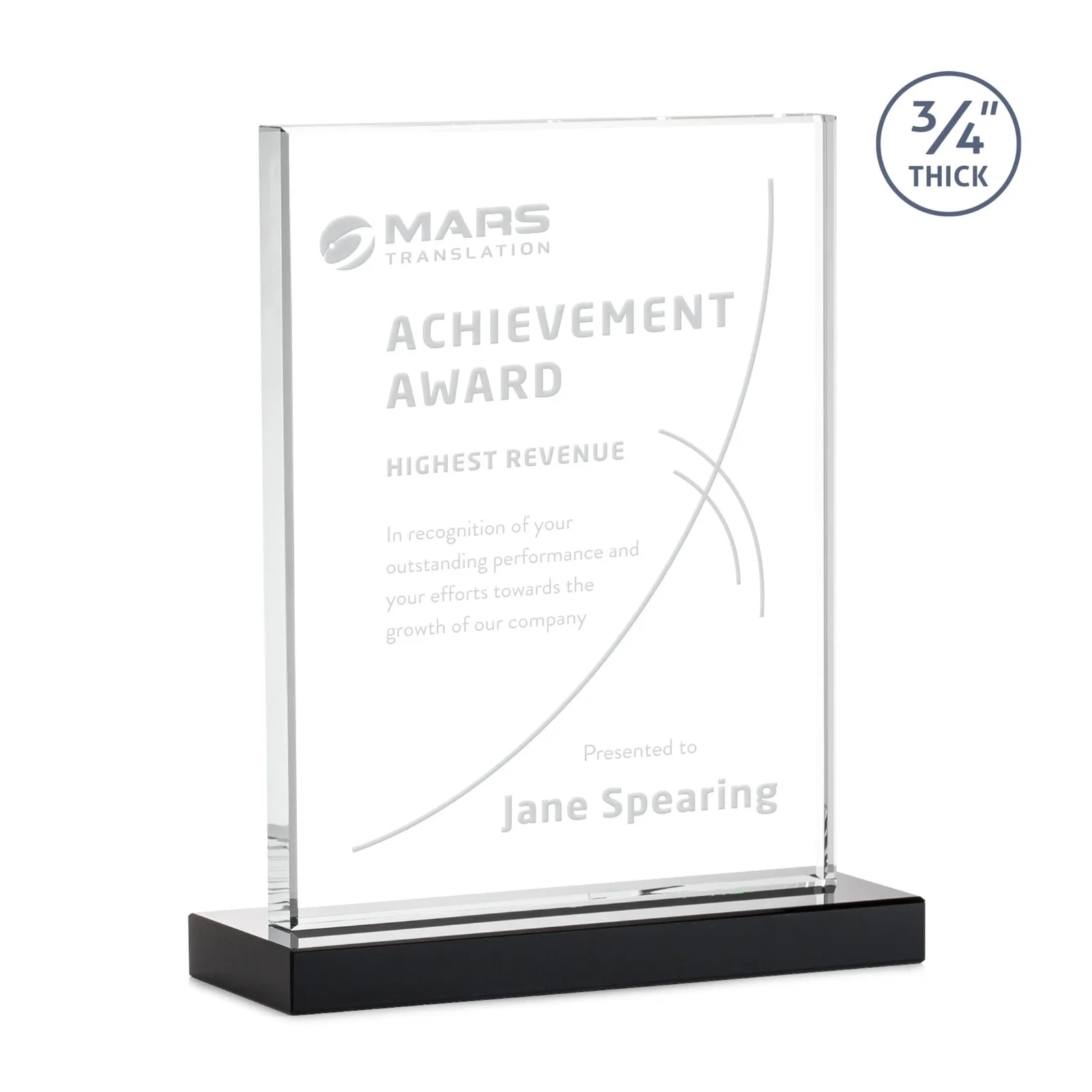 Custom printed Jade Crystal Upright Award, 0.75 Inch Thick, Built For Deep Etching for team milestone celebrations