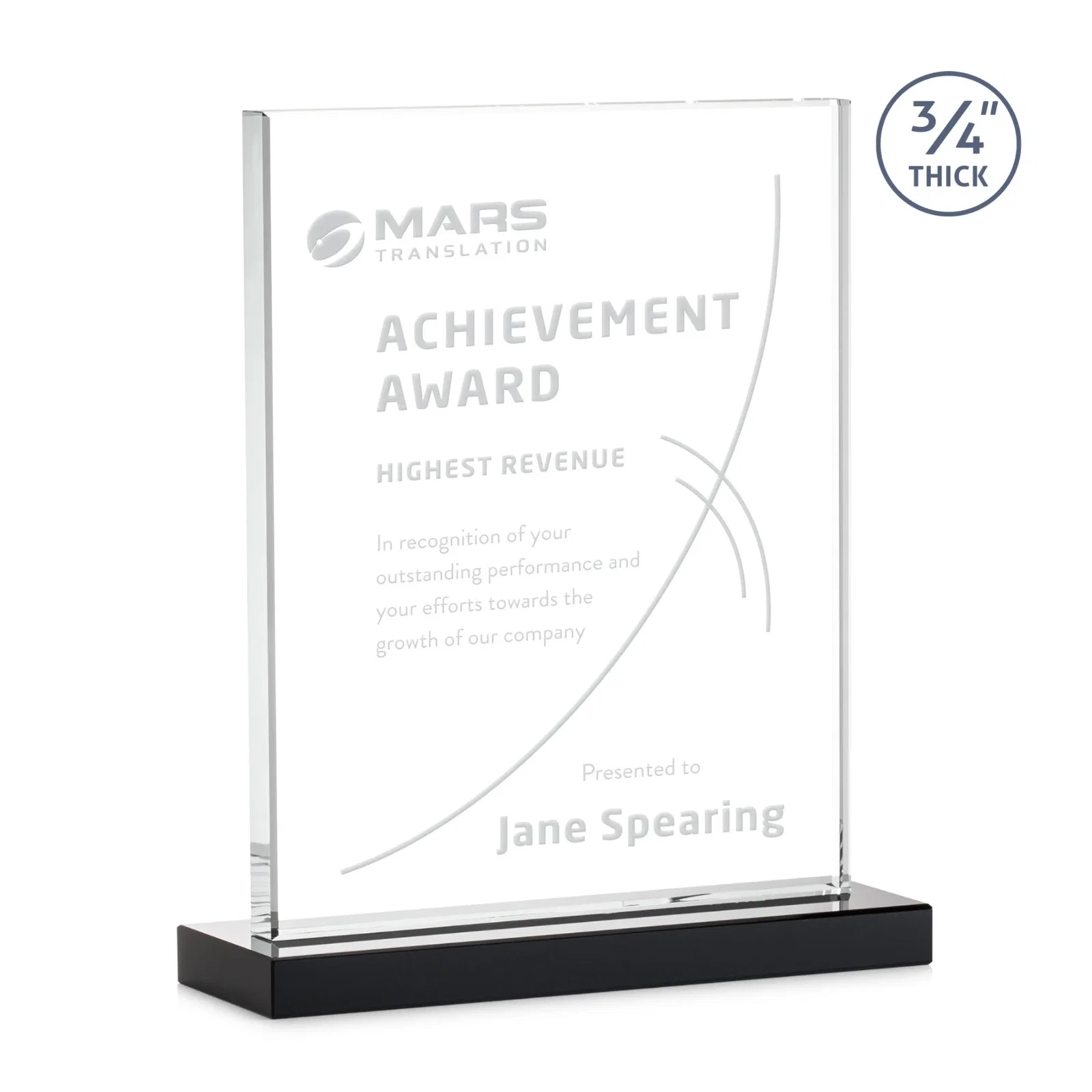 Custom printed Jade Crystal Upright Award, 0.75 Inch Thick, Built For Deep Etching for donor appreciation