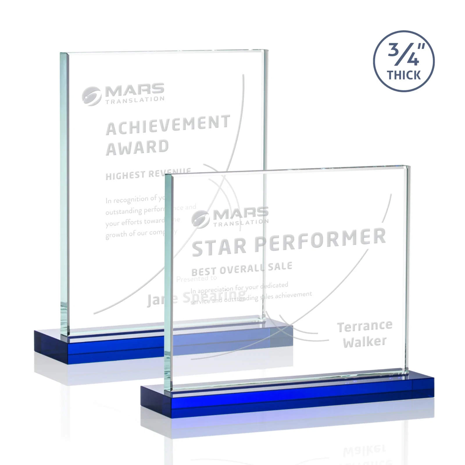 Custom printed Jade Crystal Upright Award, 0.75 Inch Thick, Built For Deep Etching for graduation ceremonies