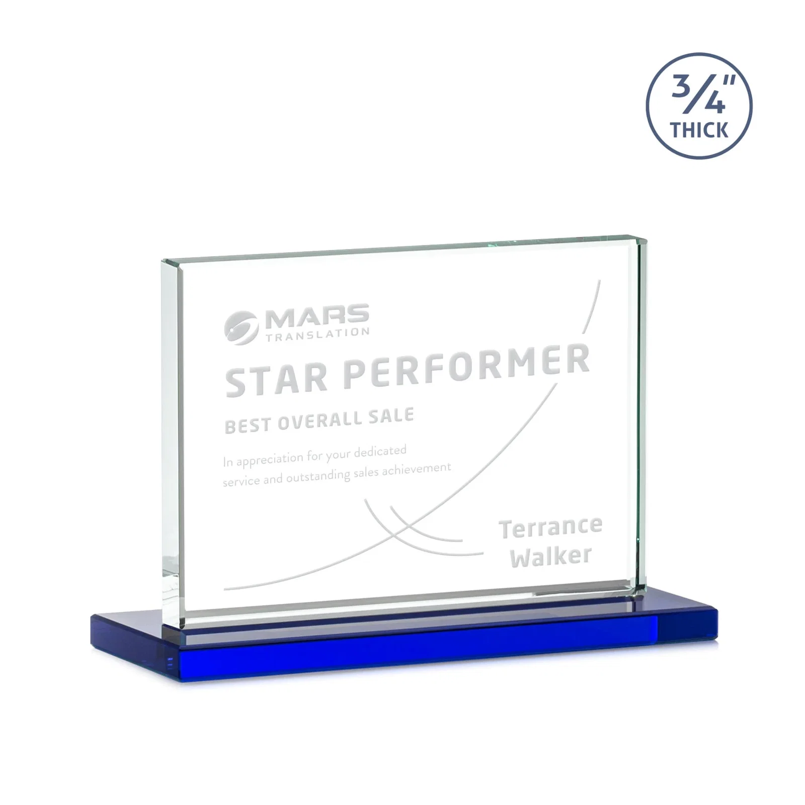 Custom printed Jade Crystal Upright Award, 0.75 Inch Thick, Built For Deep Etching for volunteer appreciation