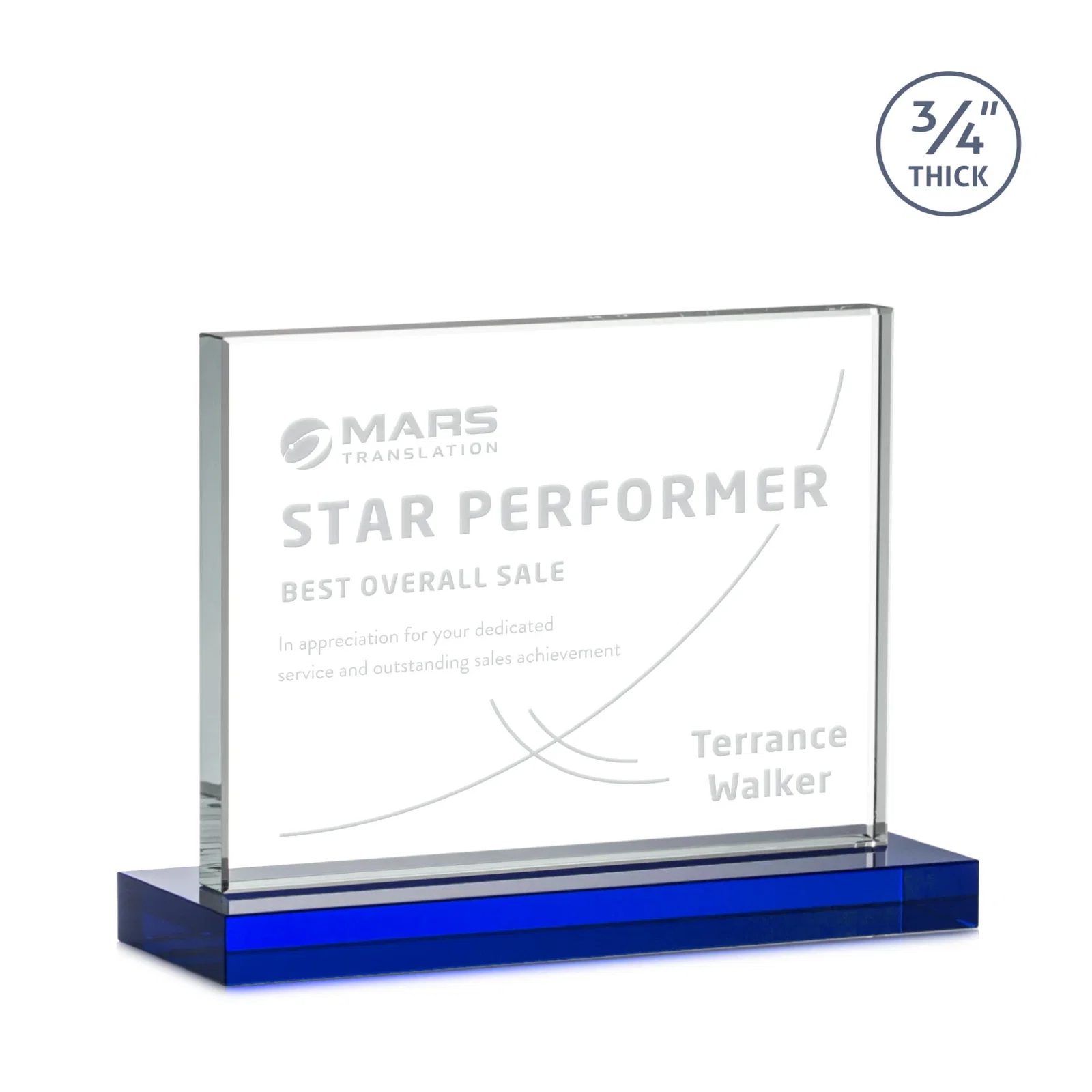 Custom printed Jade Crystal Upright Award, 0.75 Inch Thick, Built For Deep Etching for dealer and partner awards