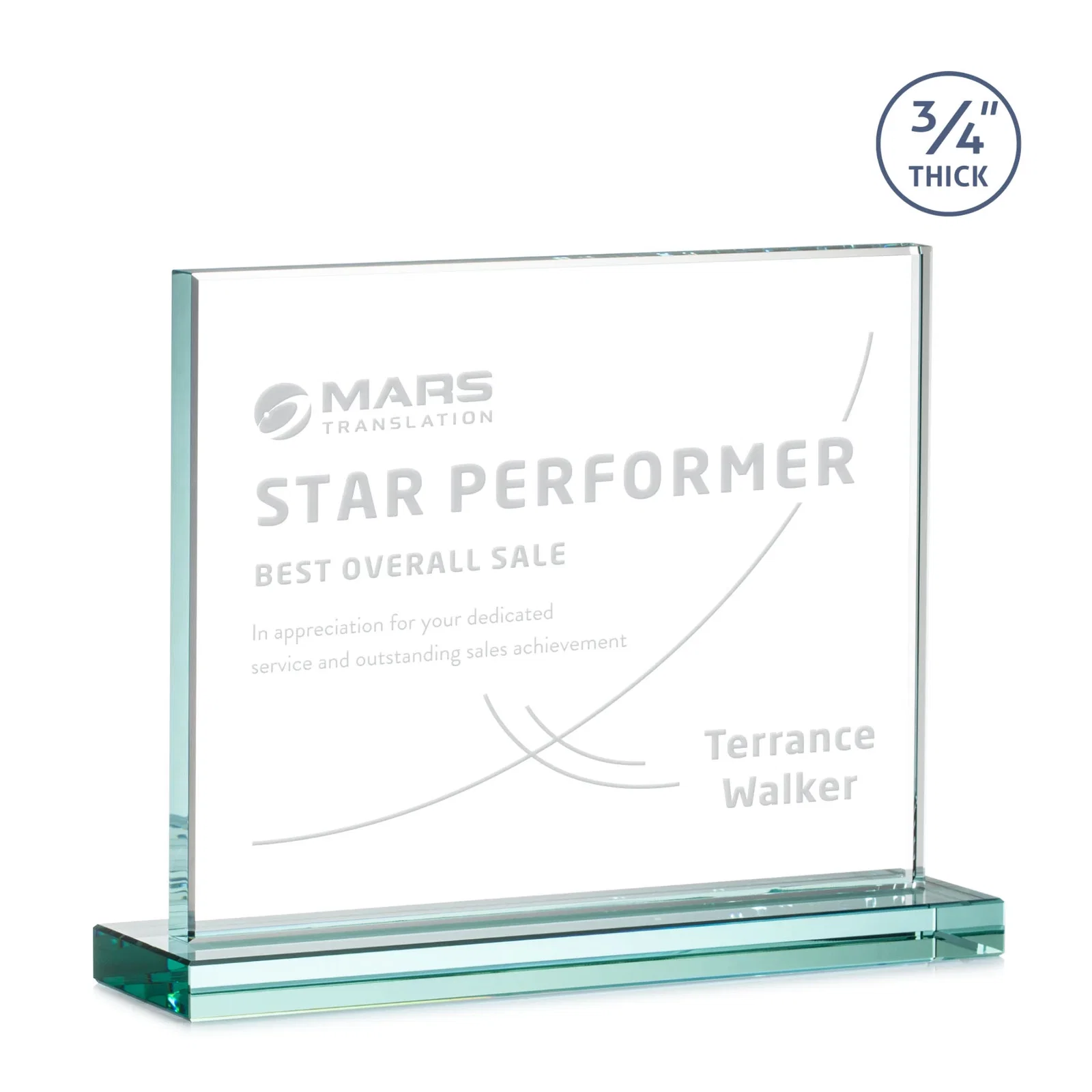Custom Jade Crystal Upright Award, 0.75 Inch Thick, Built For Deep Etching for team milestone celebrations