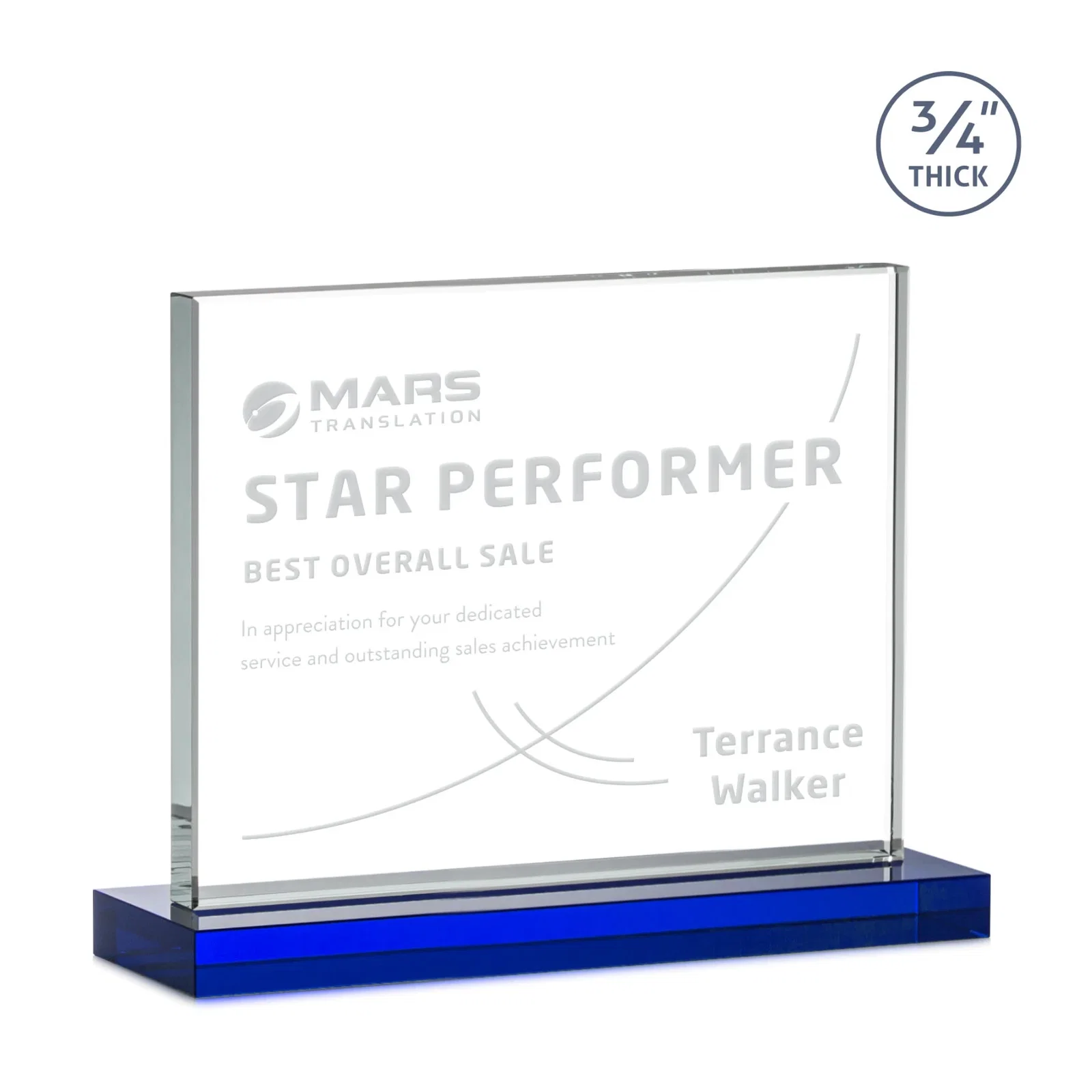 Custom printed Jade Crystal Upright Award, 0.75 Inch Thick, Built For Deep Etching for company anniversary events