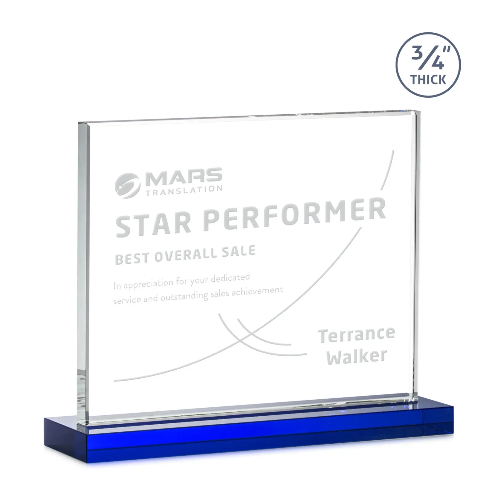 Customized Jade Crystal Upright Award, 0.75 Inch Thick, Built For Deep Etching for employee recognition