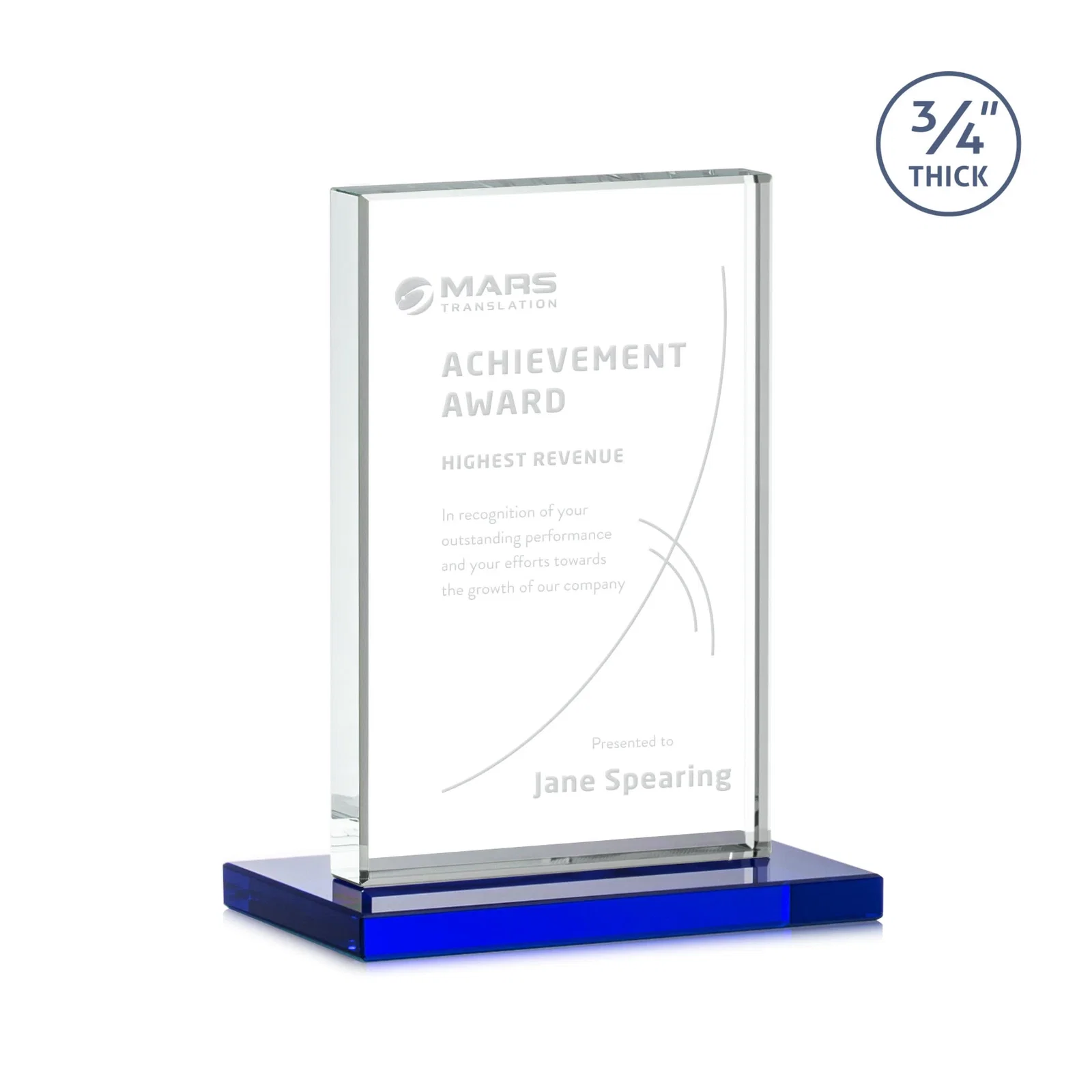 Customized Jade Crystal Upright Award, 0.75 Inch Thick, Built For Deep Etching for corporate award ceremonies