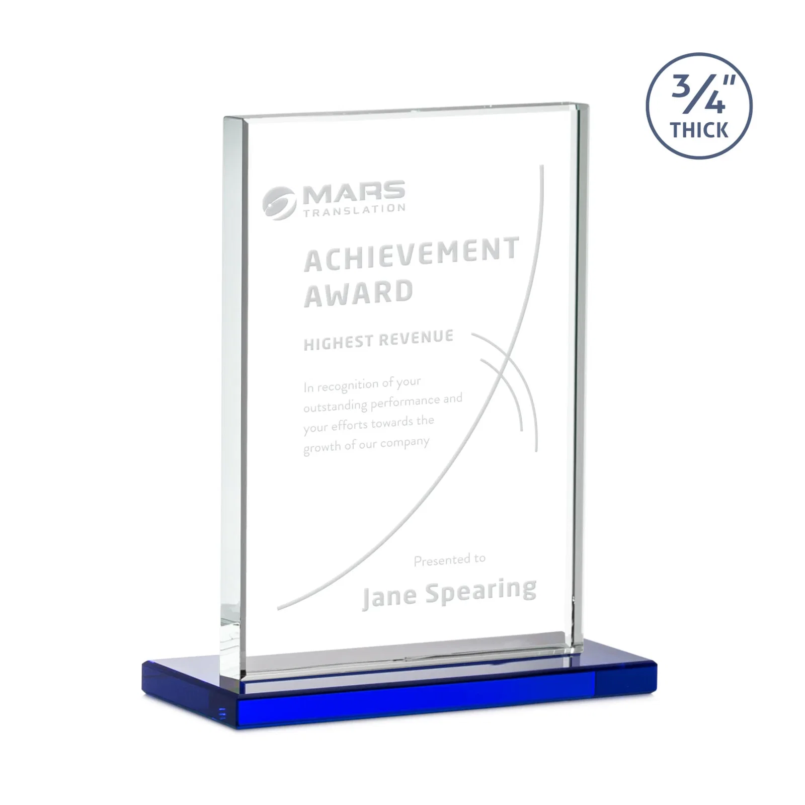 Customized Jade Crystal Upright Award, 0.75 Inch Thick, Built For Deep Etching for service anniversary gifts