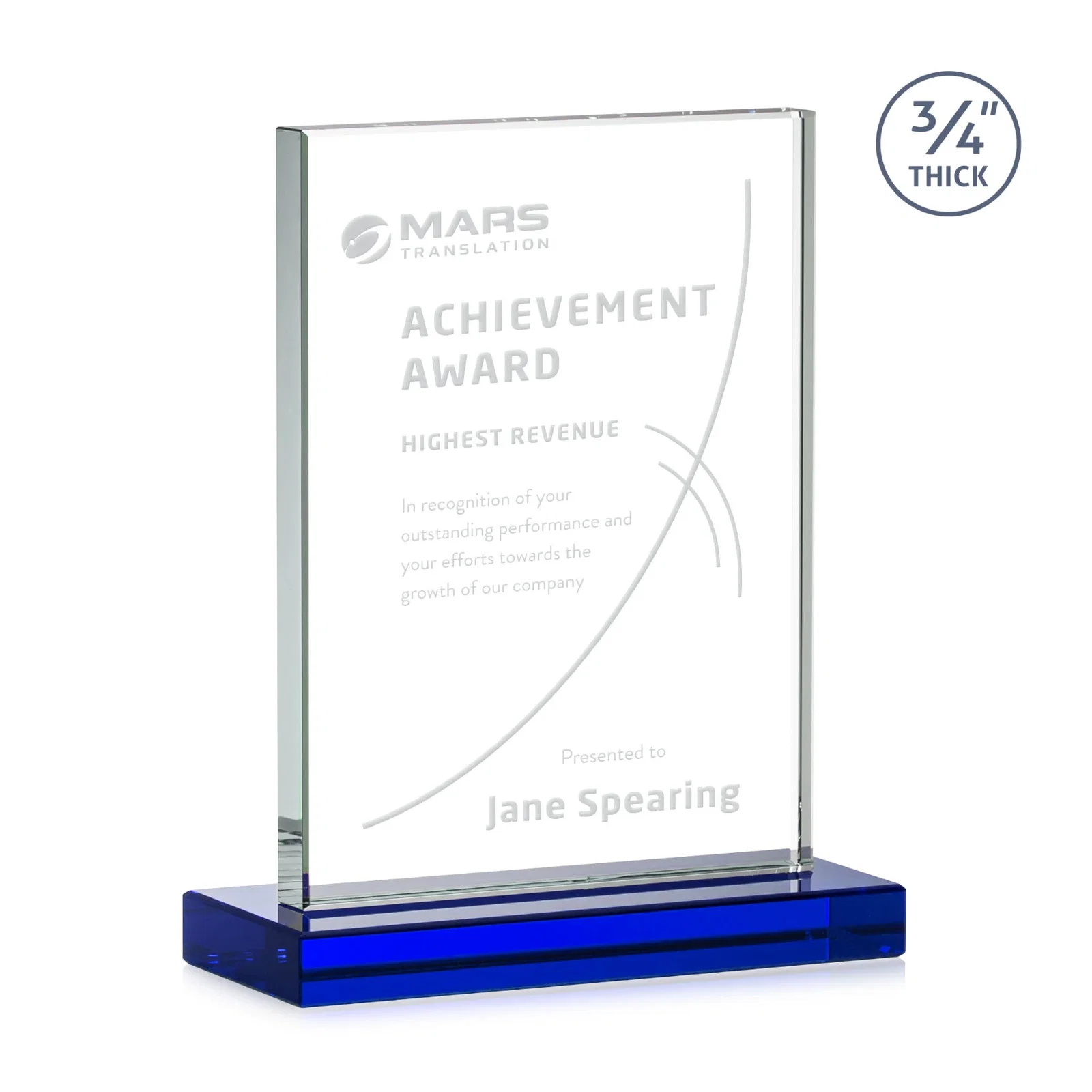 Customized Jade Crystal Upright Award, 0.75 Inch Thick, Built For Deep Etching for sales achievement awards
