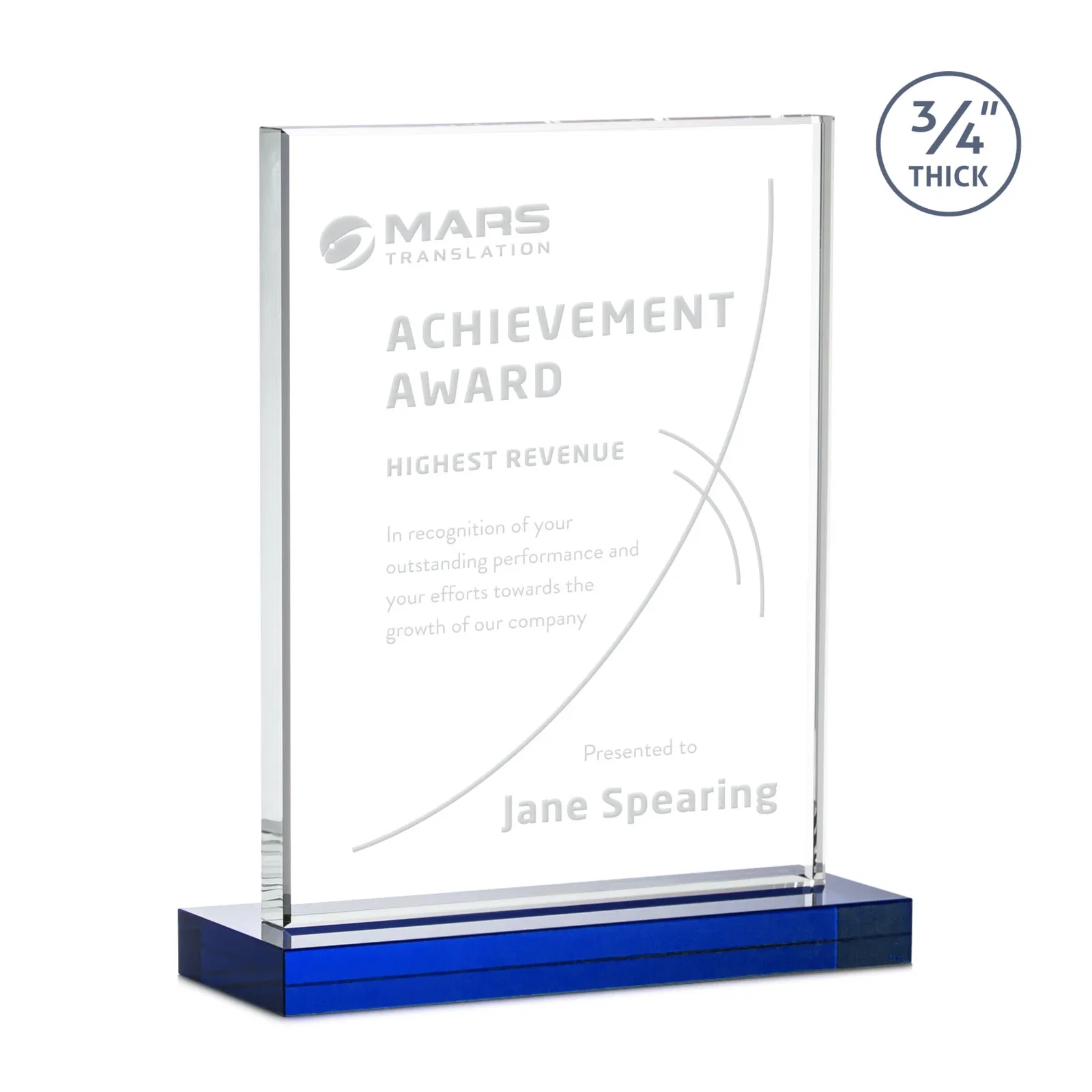 Customized Jade Crystal Upright Award, 0.75 Inch Thick, Built For Deep Etching for retirement presentations