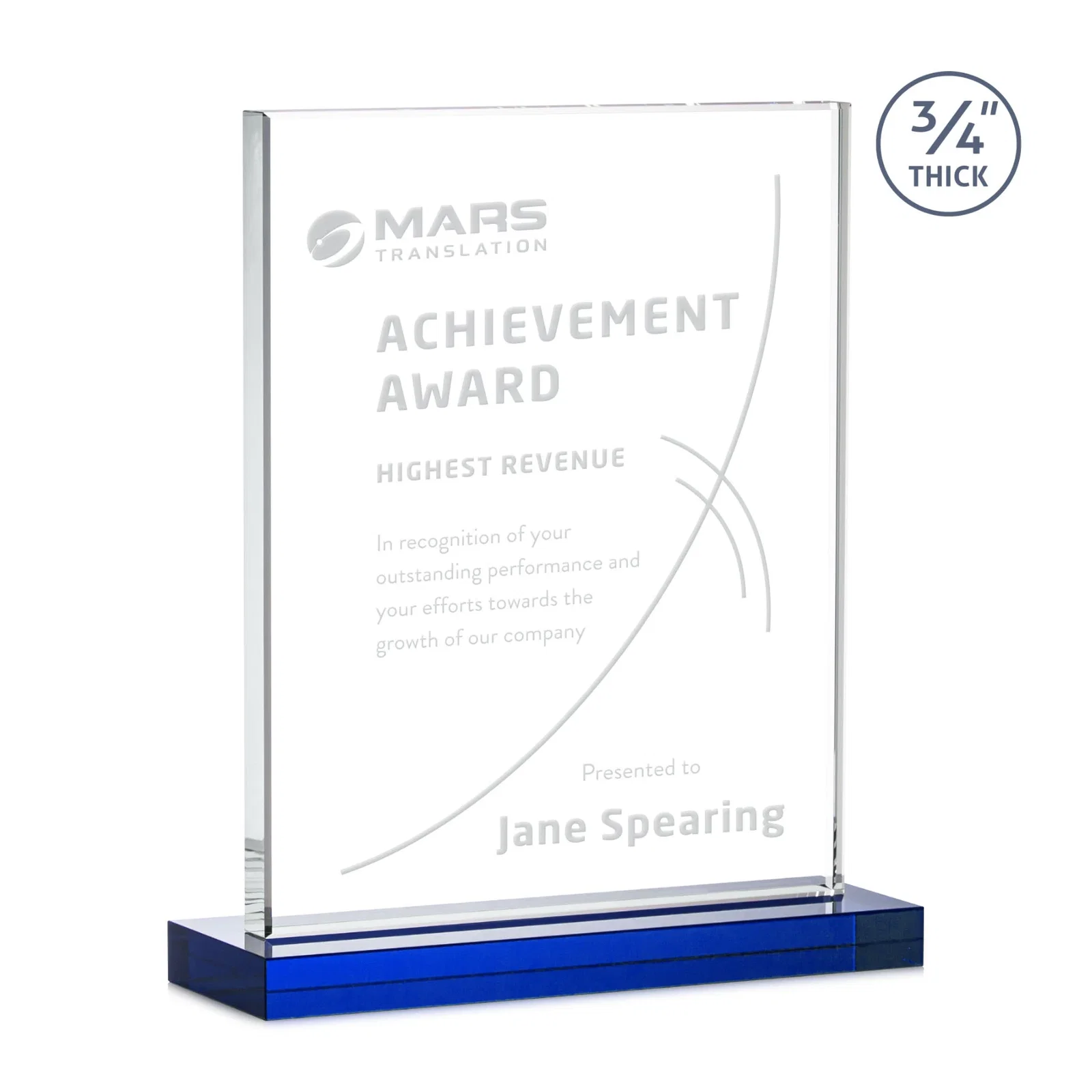 Customized Jade Crystal Upright Award, 0.75 Inch Thick, Built For Deep Etching for team milestone celebrations