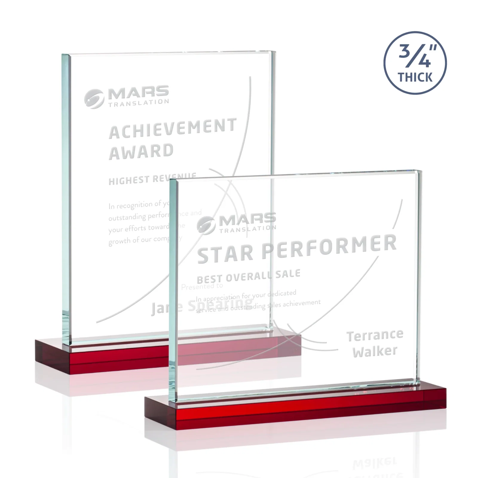 Customized Jade Crystal Upright Award, 0.75 Inch Thick, Built For Deep Etching for donor appreciation