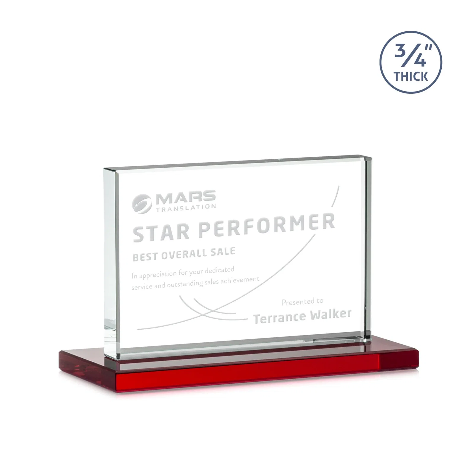 Customized Jade Crystal Upright Award, 0.75 Inch Thick, Built For Deep Etching for graduation ceremonies