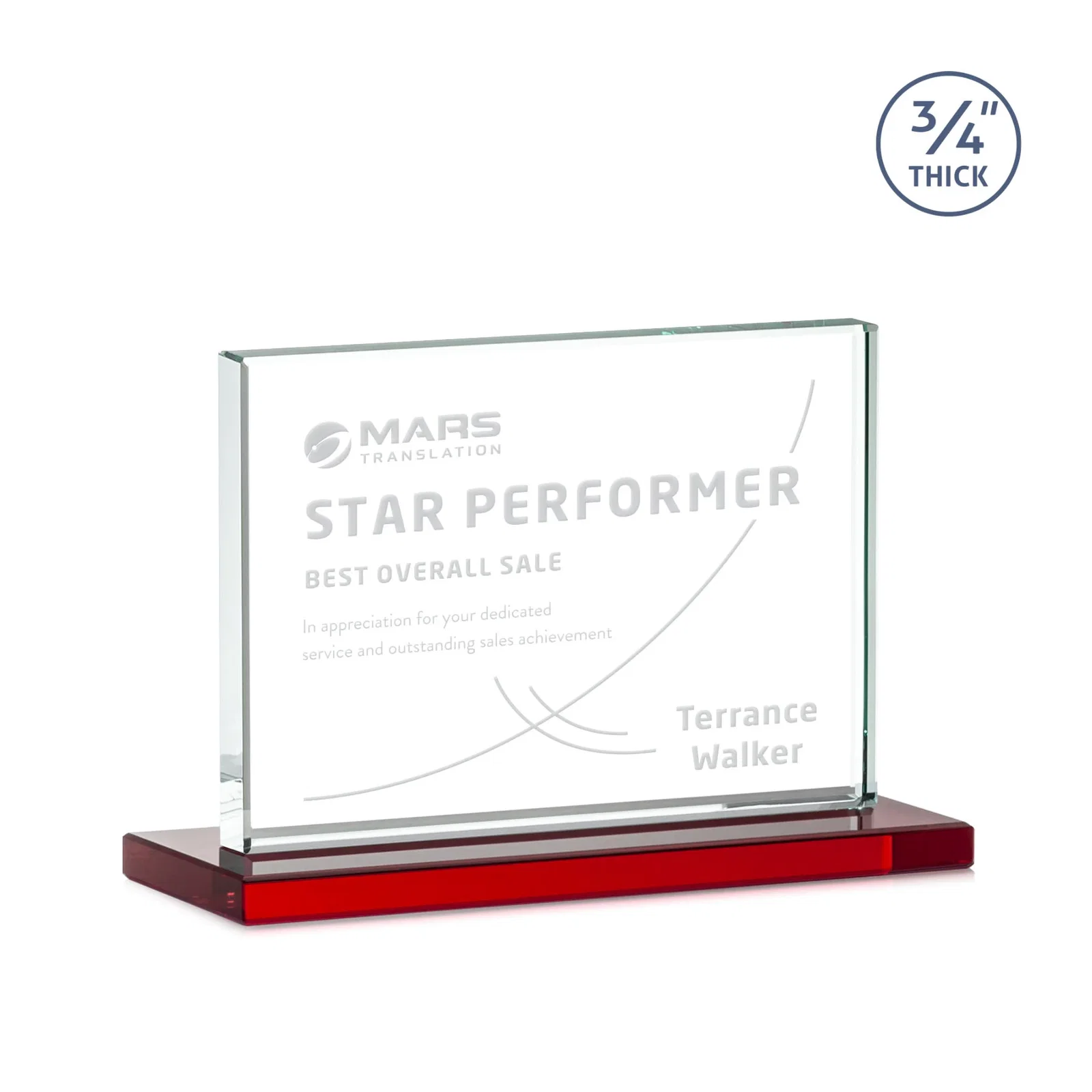 Customized Jade Crystal Upright Award, 0.75 Inch Thick, Built For Deep Etching for safety achievement programs