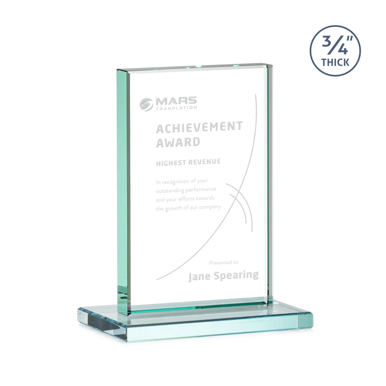 Custom Jade Crystal Upright Award, 0.75 Inch Thick, Built For Deep Etching for donor appreciation