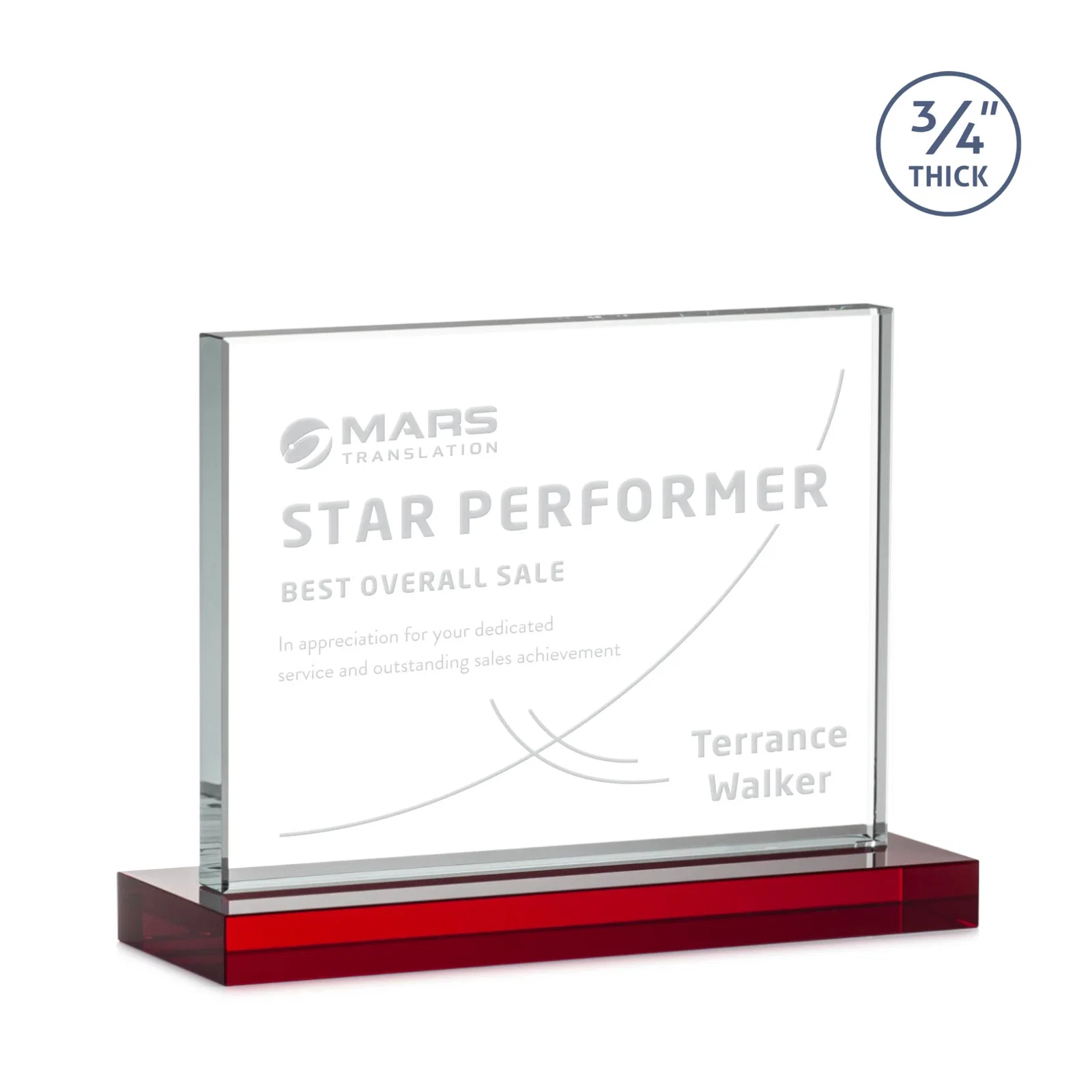 Customized Jade Crystal Upright Award, 0.75 Inch Thick, Built For Deep Etching for volunteer appreciation
