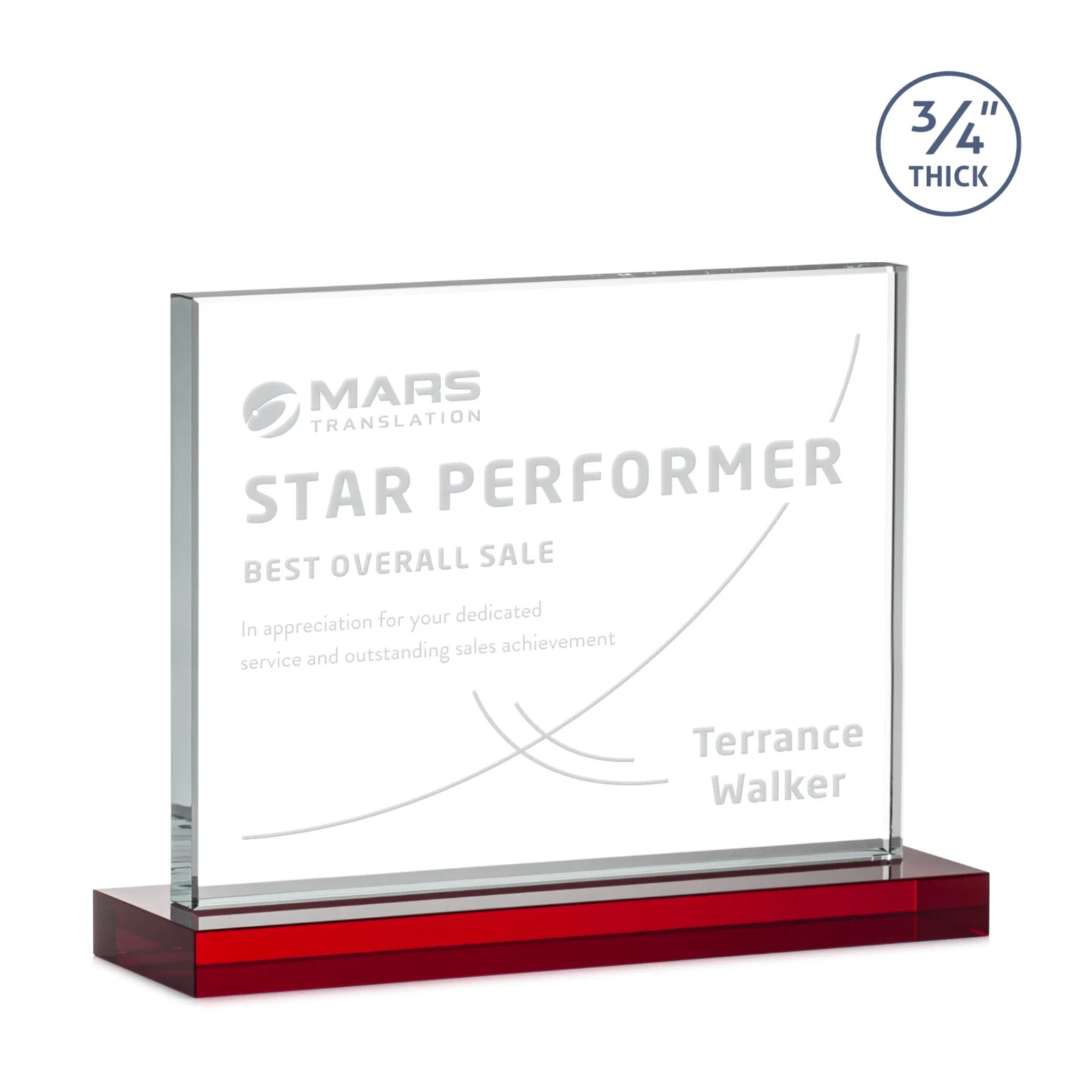 Customized Jade Crystal Upright Award, 0.75 Inch Thick, Built For Deep Etching for dealer and partner awards