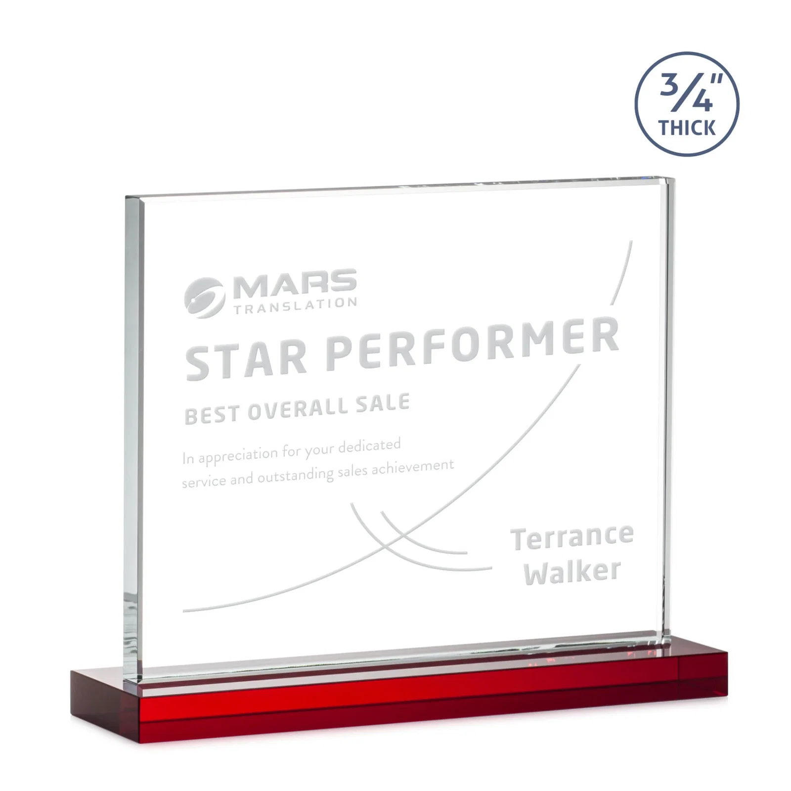 Customized Jade Crystal Upright Award, 0.75 Inch Thick, Built For Deep Etching for company anniversary events