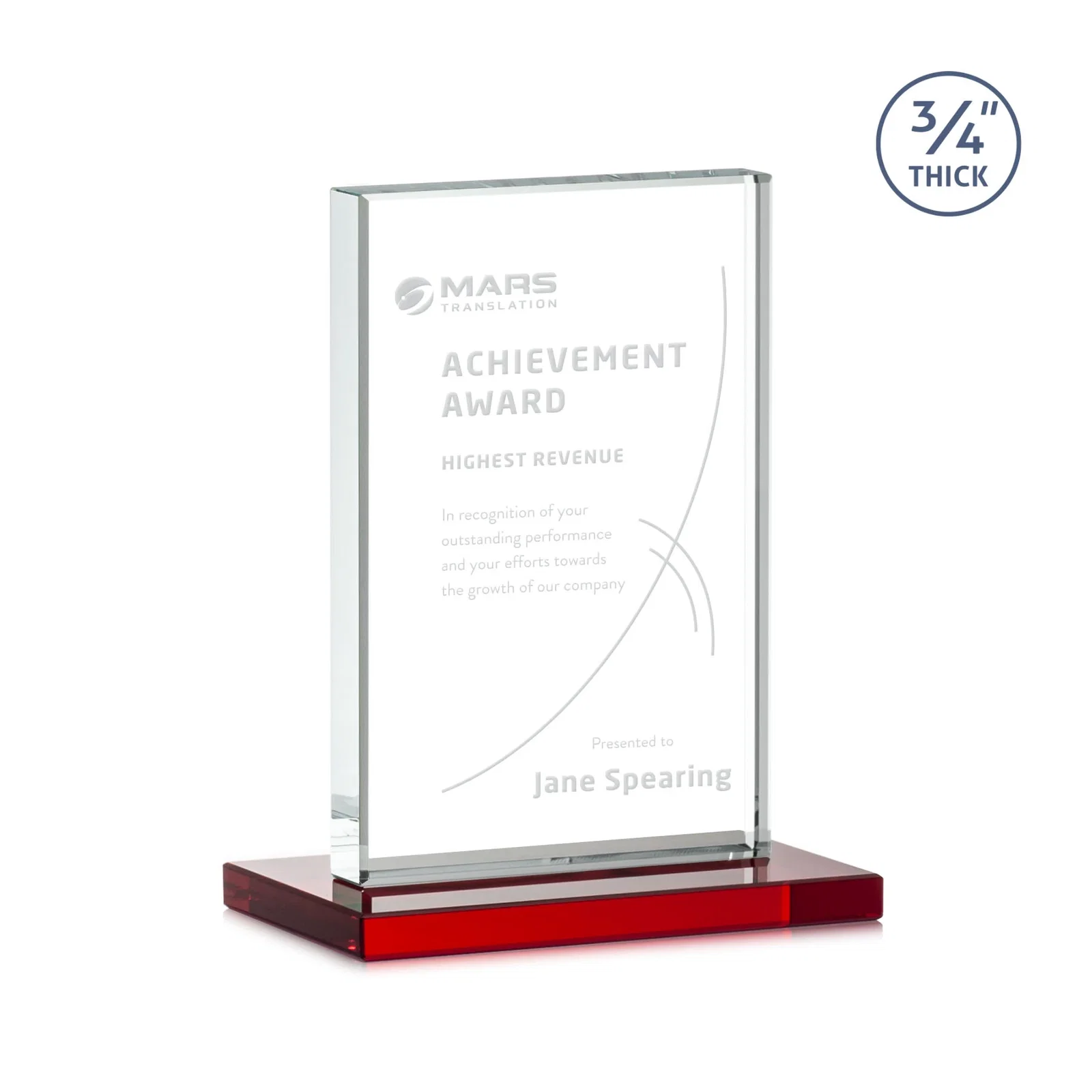 Custom engraved Jade Crystal Upright Award, 0.75 Inch Thick, Built For Deep Etching for employee recognition